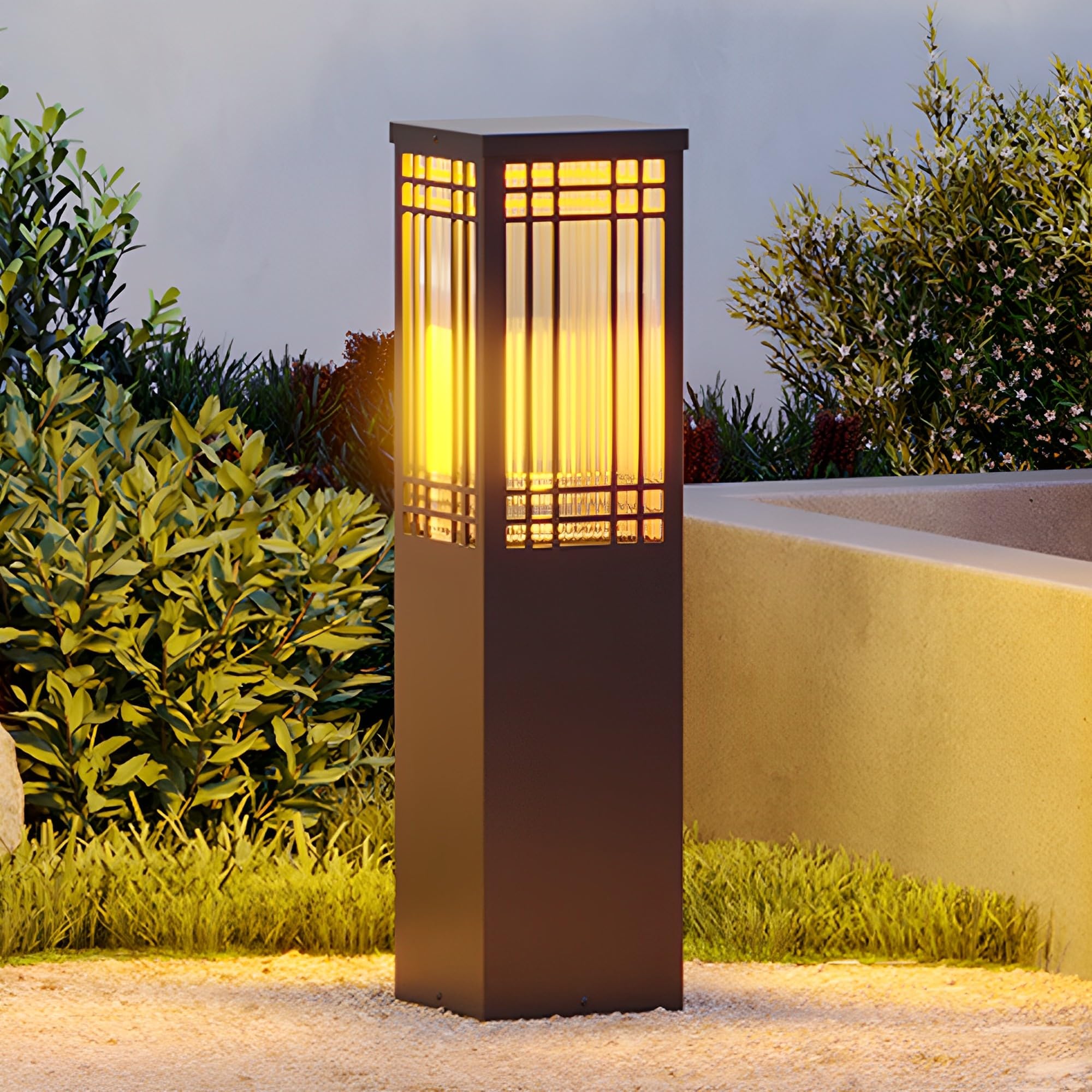 HELCEKOU Outdoor Bollard Lantern Modern Landscape Path Lights Stainless Steel Pathway Light Black Square Lighting External Waterproof for Garden Yard Driveway