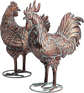Metal Chicken Decor for Outdoor Yard, Life-Like Rooster and Hen Garden Statue for Outside, Antique Copper Chicken Garden Sculptures & Statues for Backyard Patio Lawn Home Farmhouse Decoration