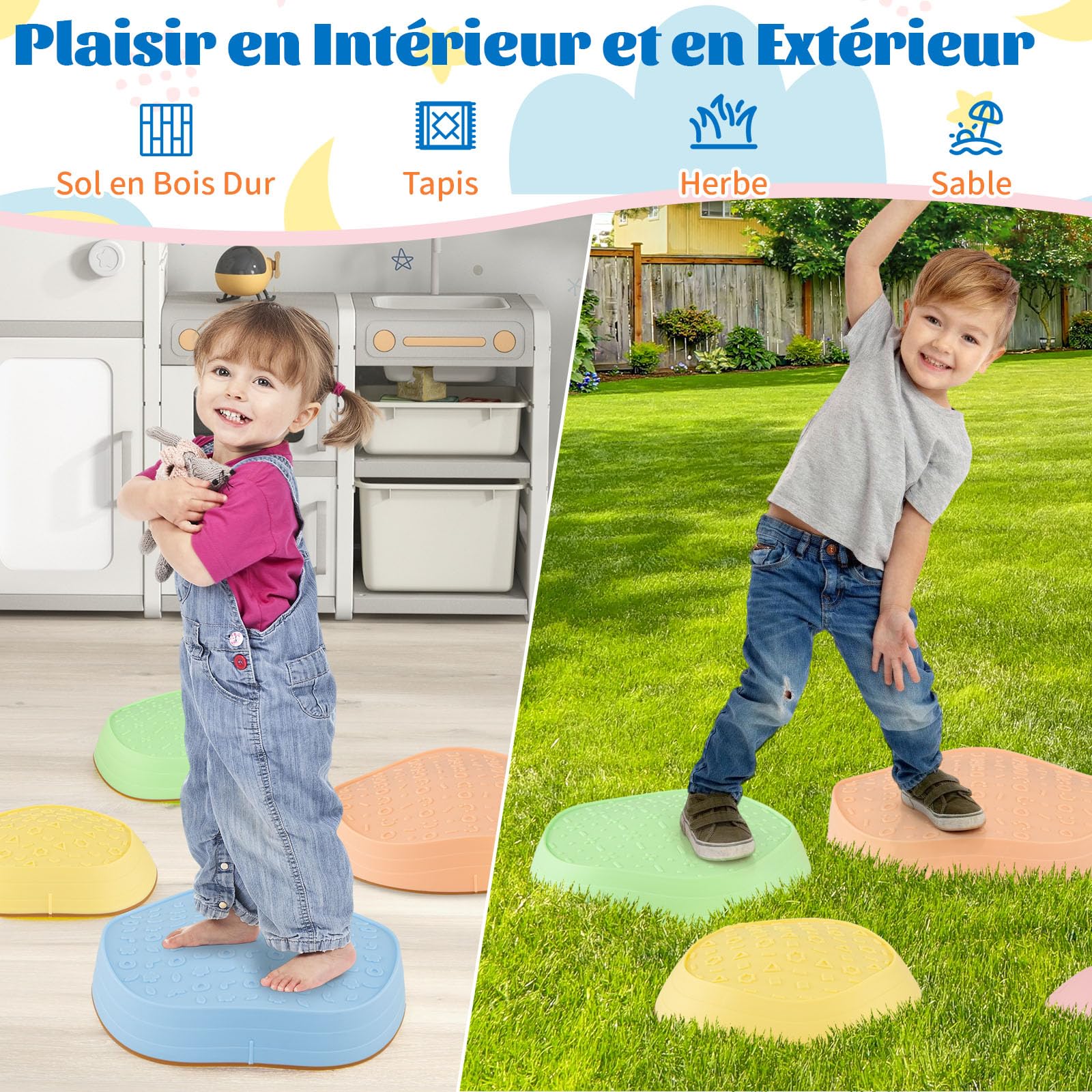 GOPLUS Pierres d'Équilibre pour Enfants, 5 Pièces Parcours de Motricité Antidérapantes Empilables avec Sac de Rangement
