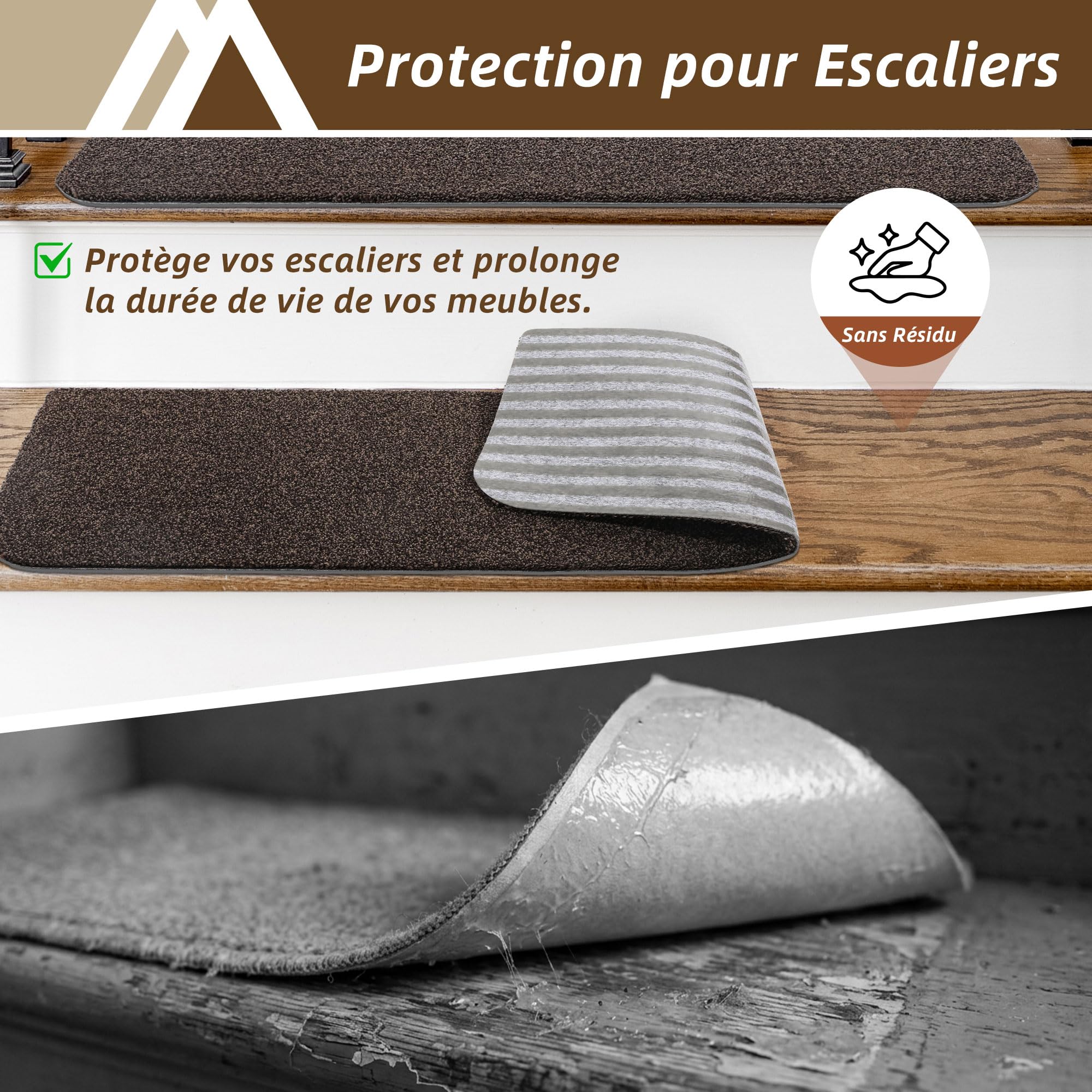 COSY HOMEER Lot de 15 tapis d'escalier, autocollants, 70 x 22 cm, découpables, lavables en machine, 100 % polyester, dos en TPE, sécurité pour enfants, personnes âgées et animaux domestiques, marron