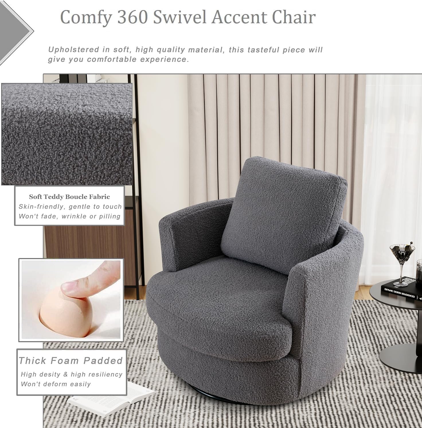 Teddy Swivel Accent Barrel Chair Set of 2, 31.9" W Comfy Round Accent Sofa Chair, Swivel Leisure Club Sofa Chair Arm Chair for Nursery Bedroom Living Room Lounge Hotel Office,Gray