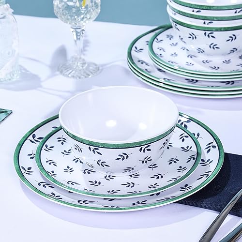 Juego de vajilla de melamina, juego de platos de melamina de 12 piezas para 4, platos y cuencos resistentes a la rotura para interiores y