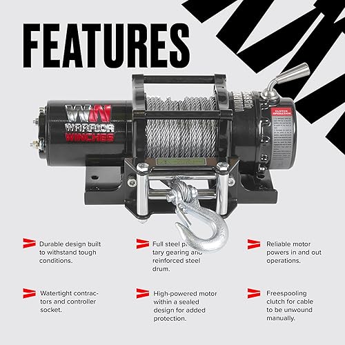 Miniatura 3 de Warrior Winches Ninja 4500 libras – Cabrestante eléctrico de 12 V ATV/UTV con cable de acero, compacto y potente cabrestante ATV de 12 voltios