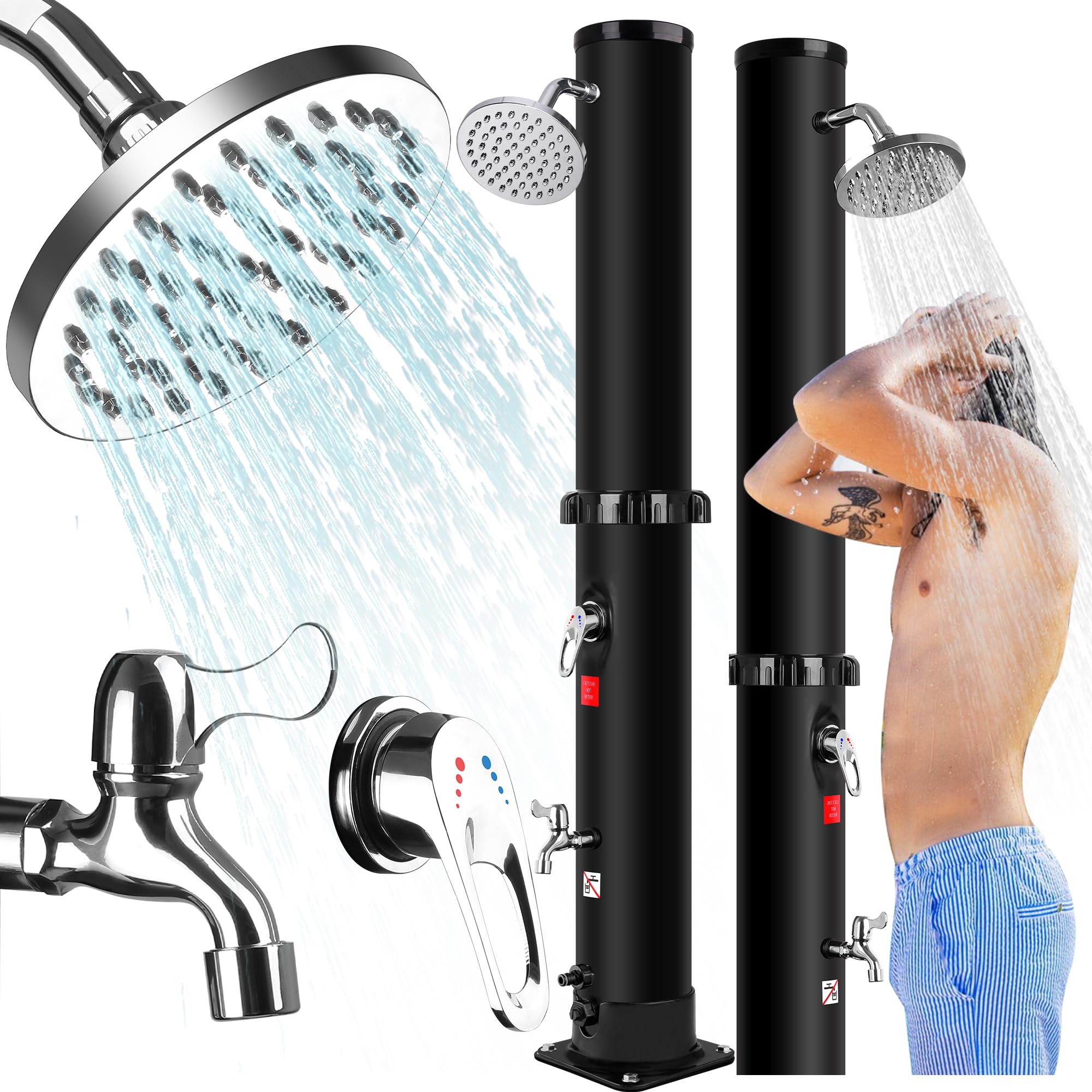 Douche Solaire 40L - Douche de Jardin Solaire Chaude avec Robinet et Pommeau de Douche à Effet Pluie, Température Réglable Jusqu'à 60°C, Douche Solaire Exterieure Idéal pour Piscine Plage Jardin