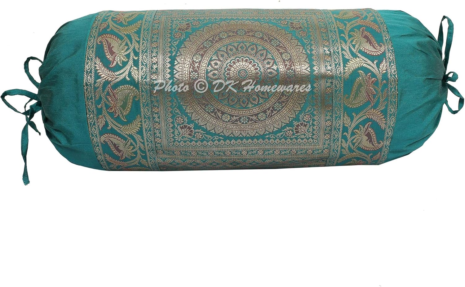 Ethnic Jacquard Brocade Silk Bolster Yoga Round Pillow Cover Mandala Green Tube Massand Living Room Decorative Cylindrical Hotdog Traditional Throw Pillowcase 76x38 cm - Set of 2 Pcs