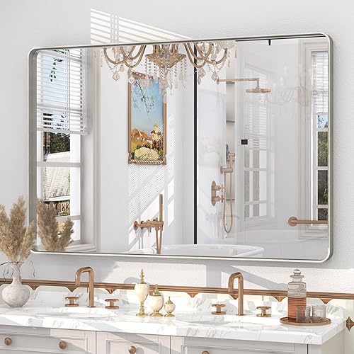 Espejo de baño plateado cepillado de 48 x 30 pulgadas para pared, espejo de tocador de baño con marco de metal plateado cepillado, espejo