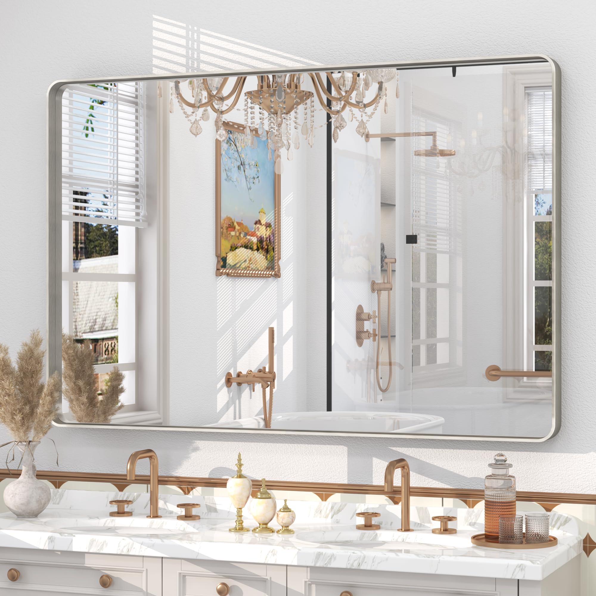40x36 Silver Brushed Bathroom Mirror for Wall, Brushed Silver Metal Framed Bathroom Vanity Mirror, Rounded Rectangle Mirror, Shatterproof, Anti-Rust (Horizontal/Vertical)