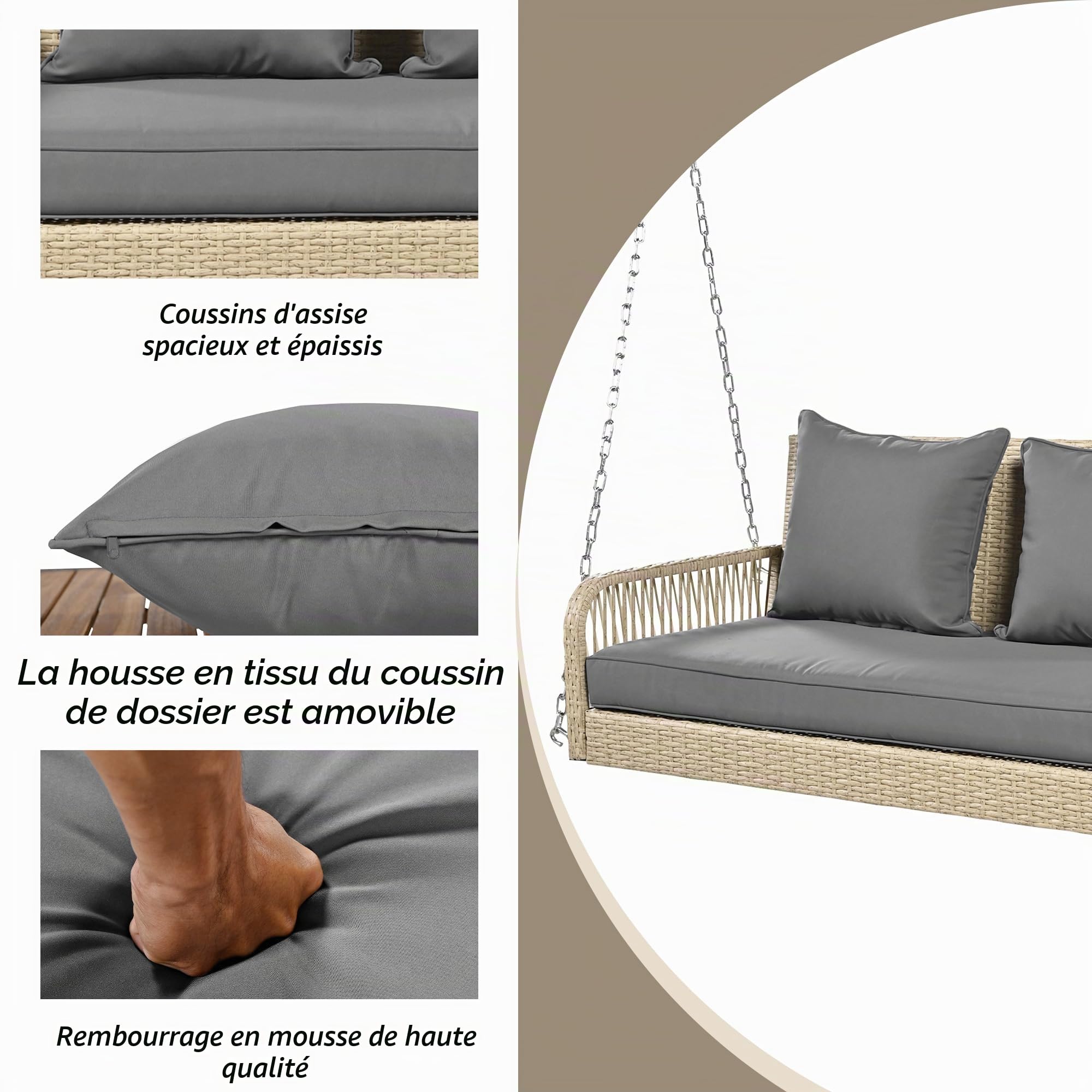 BTM Balancelle de Jardin 2 Places avec Coussins Gris Amovibles, Balançoire Suspendue de Jardin en Rotin, Balançoire Hollywoodienne avec 2 Chaînes en Métal, Chaise hamac Suspendue, Beige