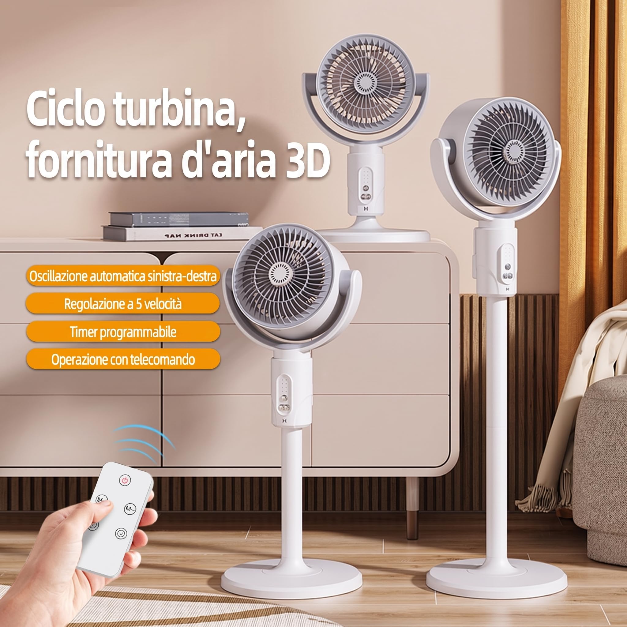 Ventilatore a piedistallo regolabile, circolatore d'aria domestico con telecomando, 430 CFM 5 velocità, oscillazione verticale 180° e orizzontale 90°, 3 altezze regolabili, timer 12H