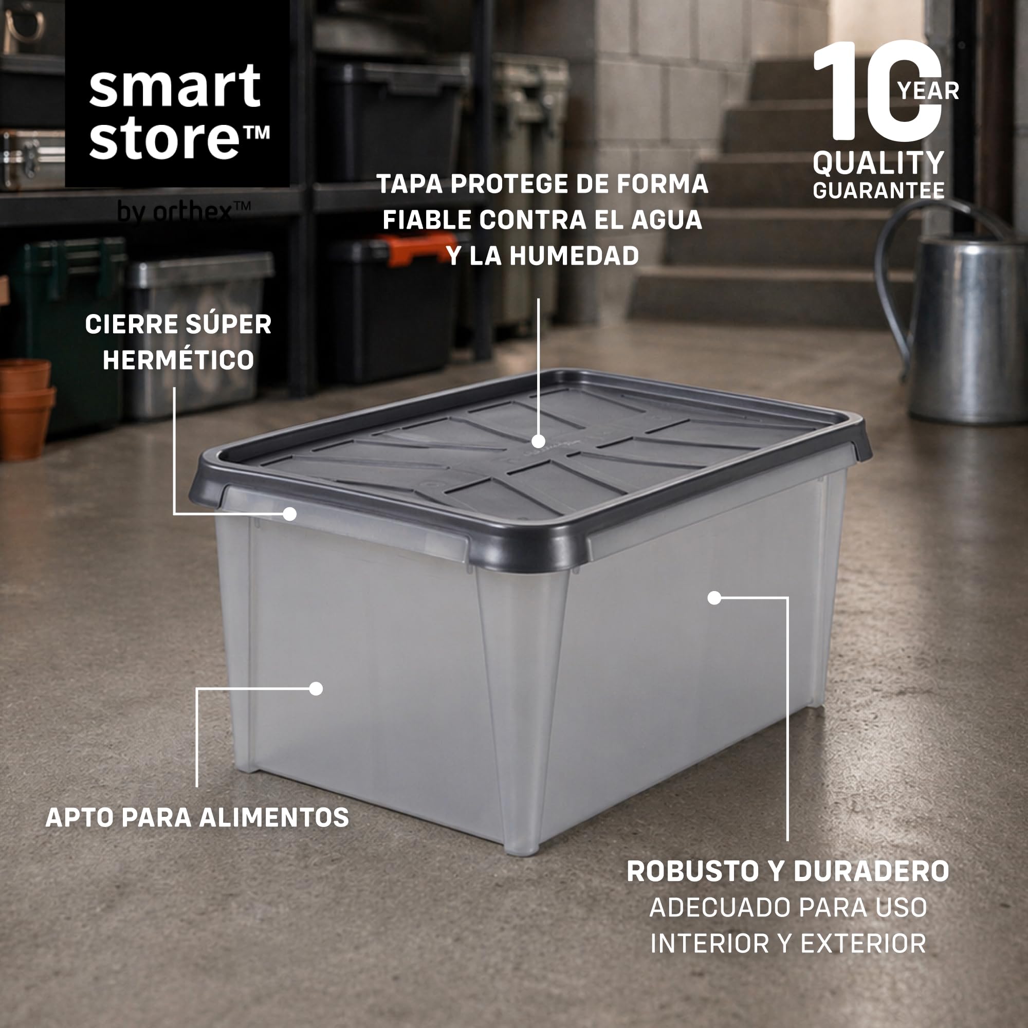 SmartStore Caja Almacenaje con Tapa 55 L I Pack 4 Cajas Apilables I 60 x 40 x 35 cm I Impermeable, Antipolvo I Garaje, Trastero, Sótano I Apta Alimentos I Made in Sweden 10 Años