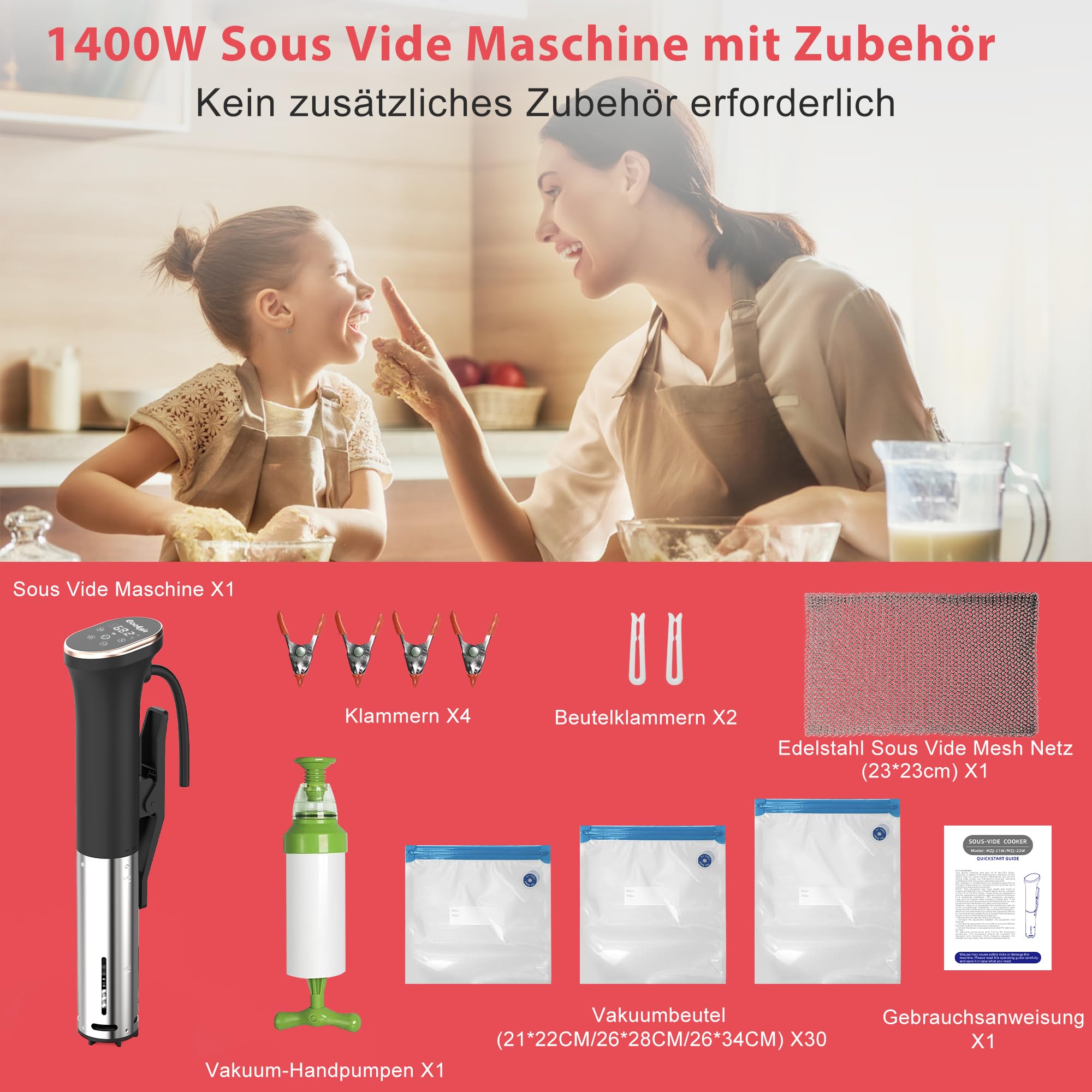 Sous Vide Roner Cocina Baja Temperatura, LED, 1400W, carcasa de acero inoxidable, funcionamiento Wi-Fi y táctil, Equipado con malla de acero inoxidable y bolsa de vacío con kit de bomba,