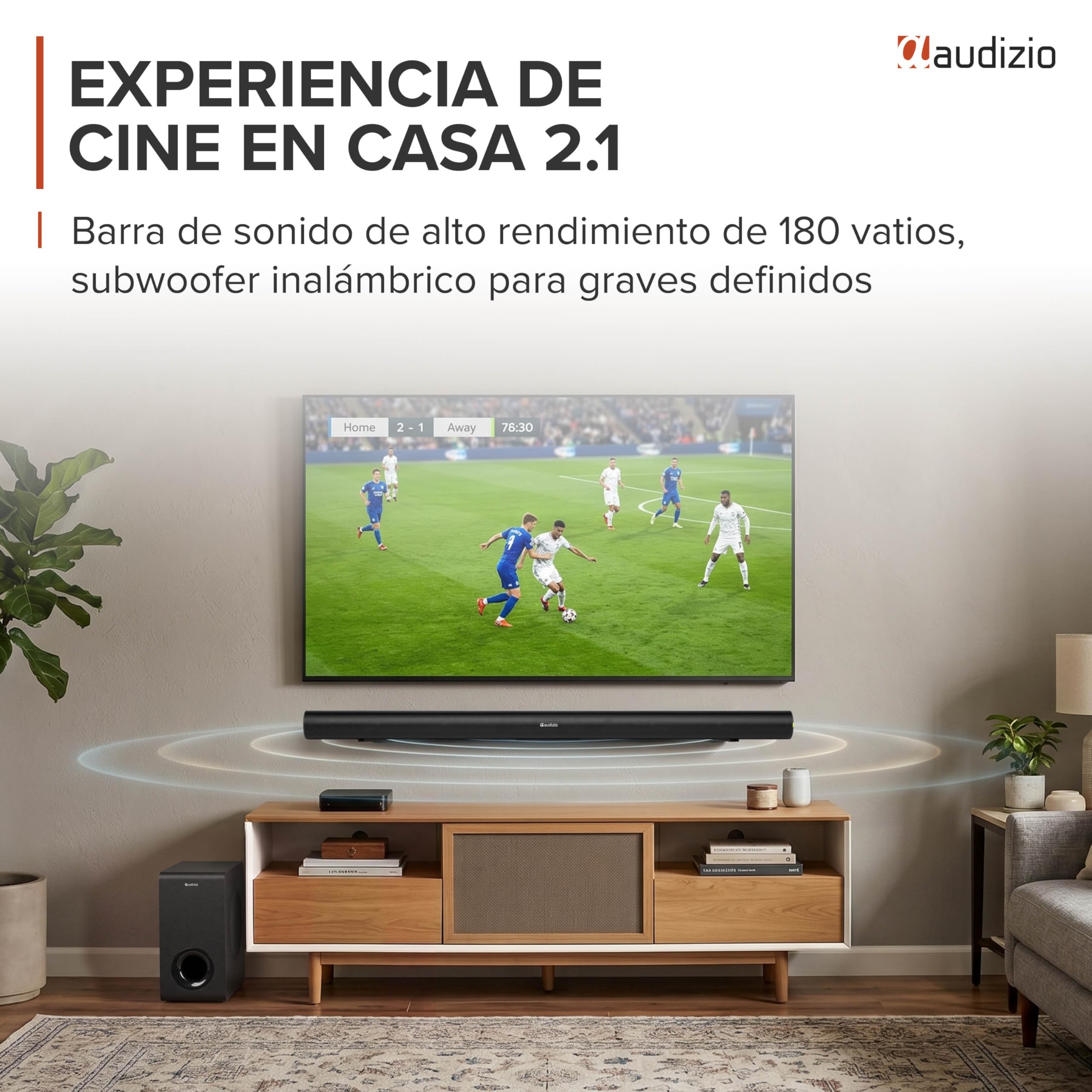 Audizio SB96S – Barra de Sonido 180W con subwoofer 6,5”, HDMI ARC, Bluetooth 5.3, USB y Entrada óptica, soundbar 95 cm para TV con Mando y Montaje Pared Negro