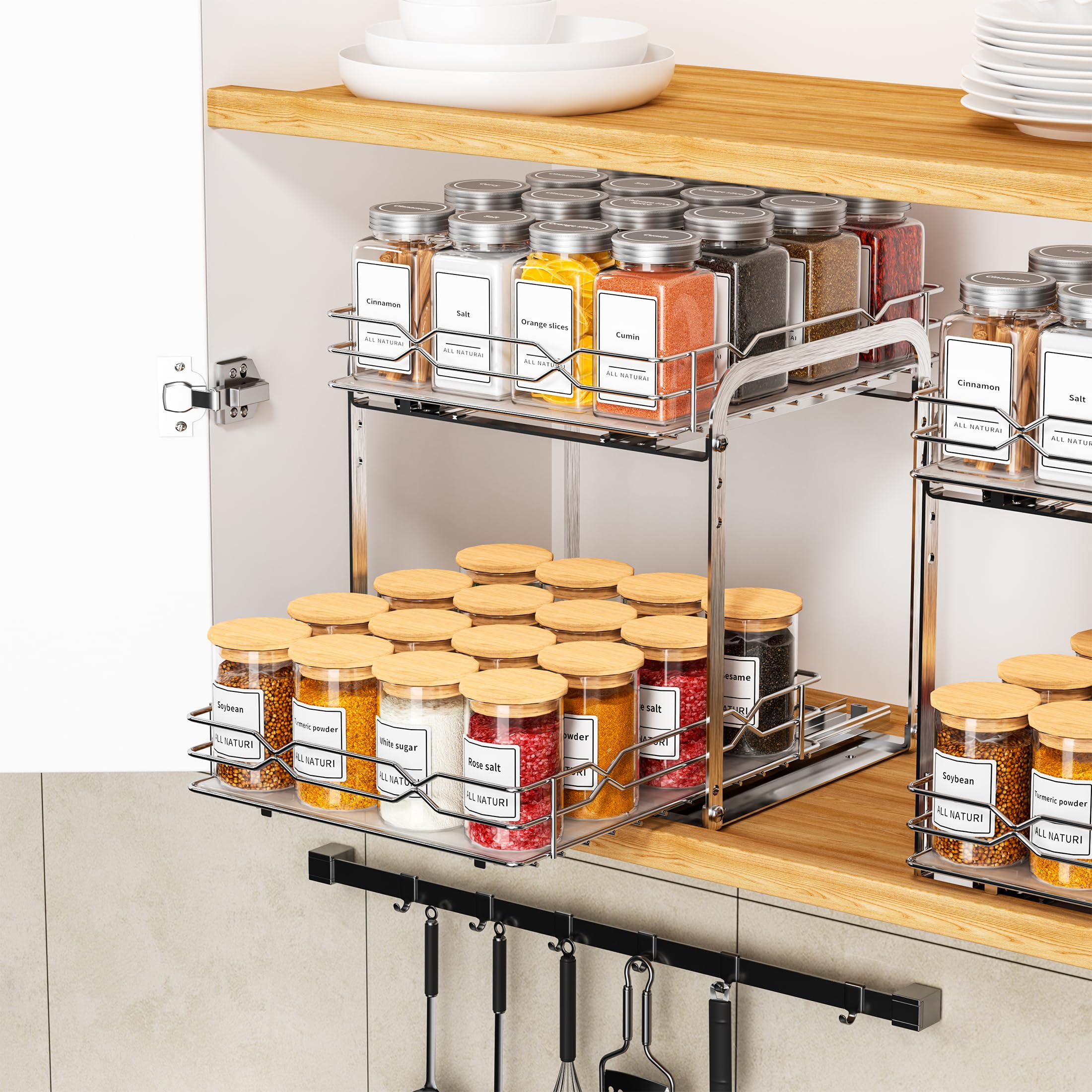 Étagère À Épices Pour Intérieur D'armoire, Organiseur De Placard Coulissant, Étagère À Épices À 2 Niveaux, Organiseur À Épices En Acier Inoxydable À Hauteur Réglable, P23,4*L26.4*H25CM