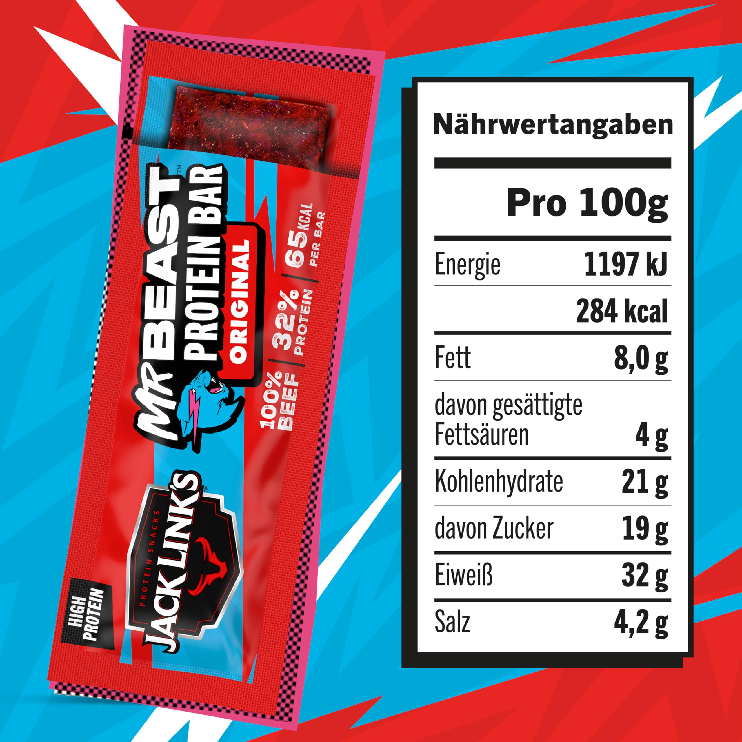 Jack Link’s Barrita Proteica Beef Original - Pack de 30 (30 x 22,5 g) - Barrita de proteínas low carb - Barrita energética de carne - Snack para llevar, gimnasio y fitness - Snack alto en proteínas