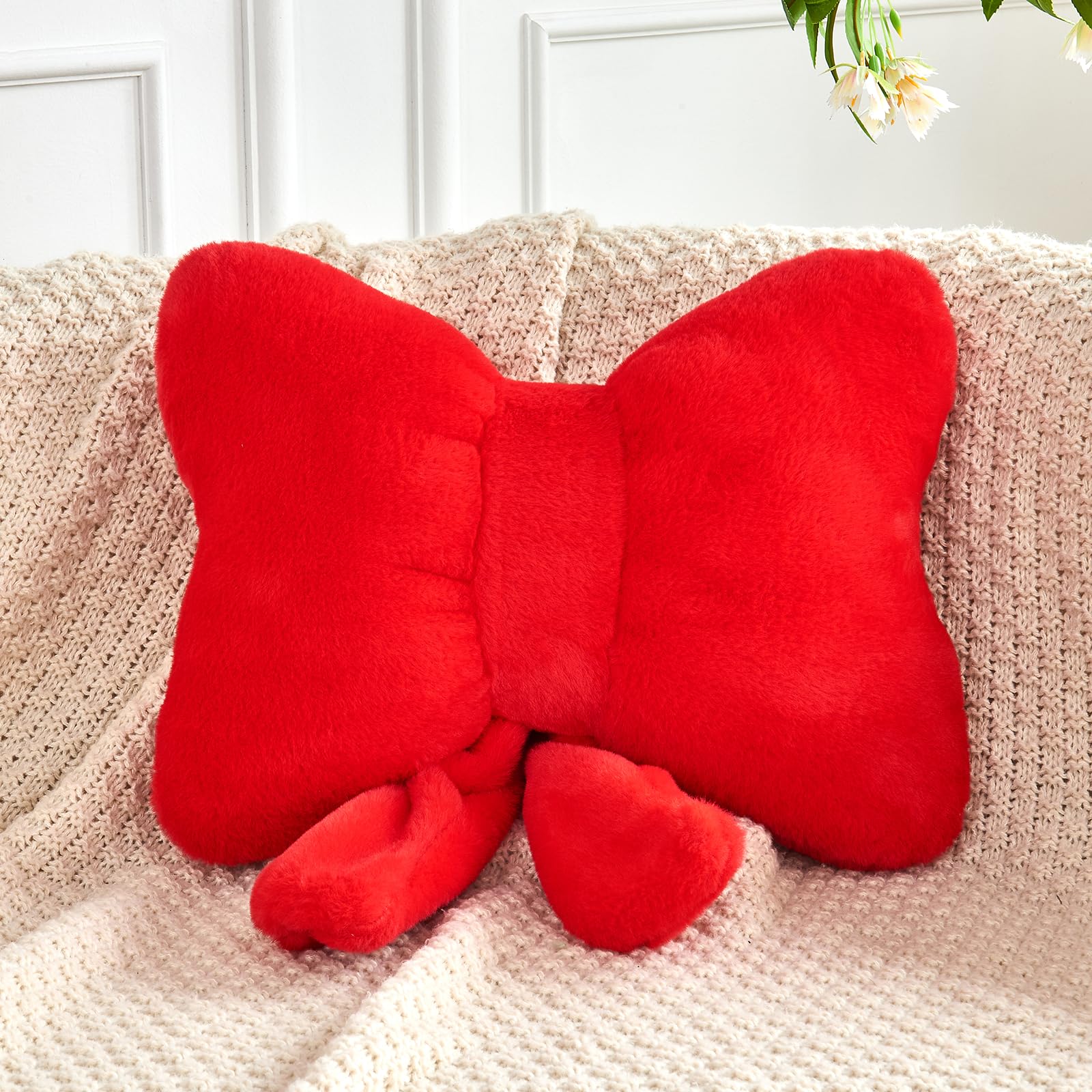 XVTRU Red Bow Pillow, Soft Bow Decorative Pillows with Faux Rabbit Fur, Cute 12" Bow Throw Pillows, Aesthetic Home Decor Bow Shaped Plush Pillow for