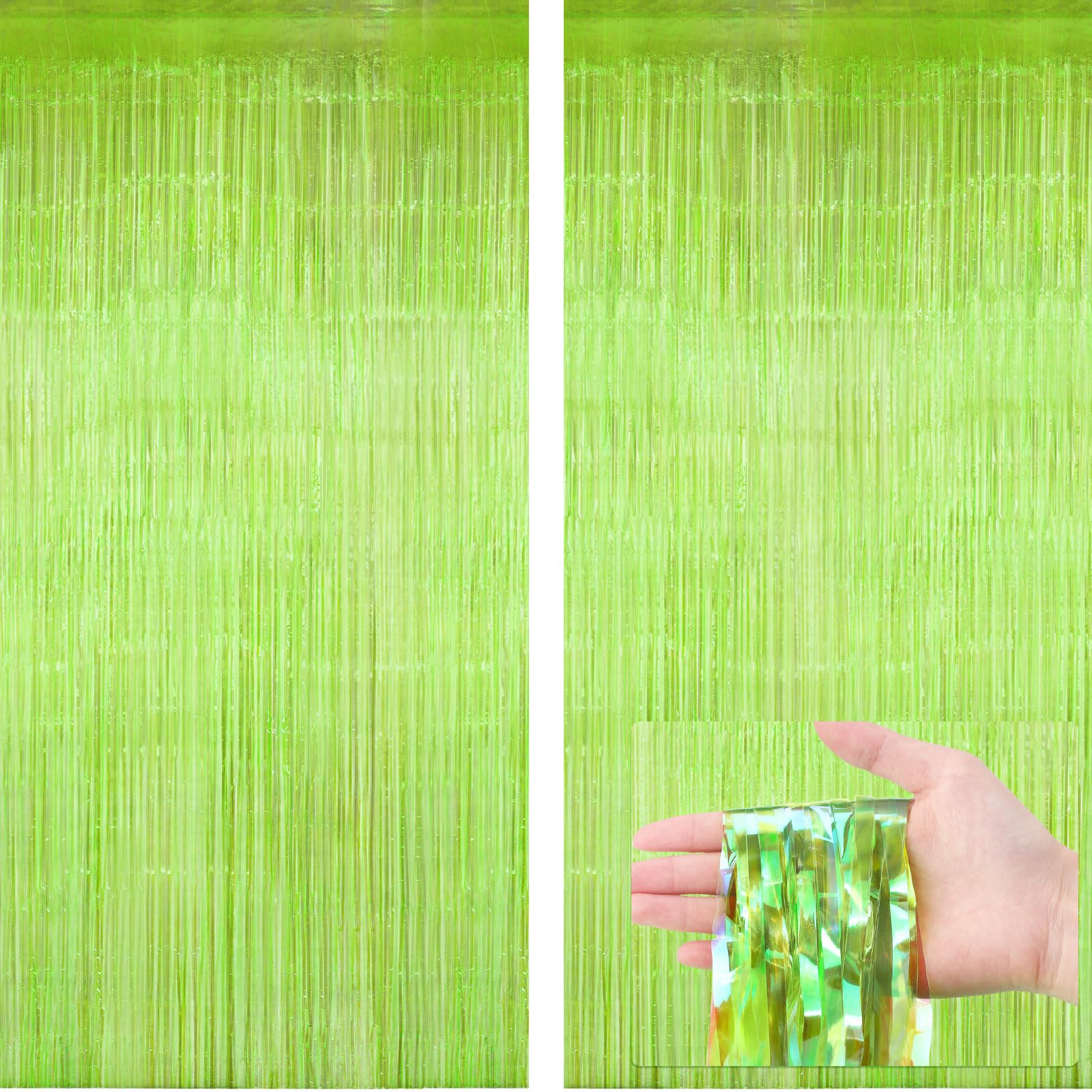 Fanfanwin 2 Pcs Lime Green Party Decorations 3.28 x 8.2 ft Neon Green Streamers Foil Fringe Metallic Tinsel Backdrop Curtains for Birthday