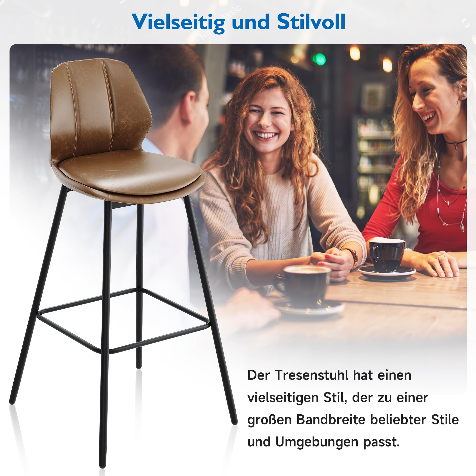 SONNI Barhocker 2er Set, Barstühle, Küchenstühle mit Rückenlehne und Fußstütze, robuster Metallrahmen, gemütliche PU weiche Sitzfläche, für Bar, Küche, Esszimmer, Sitzhöhe 102 cm, Braun