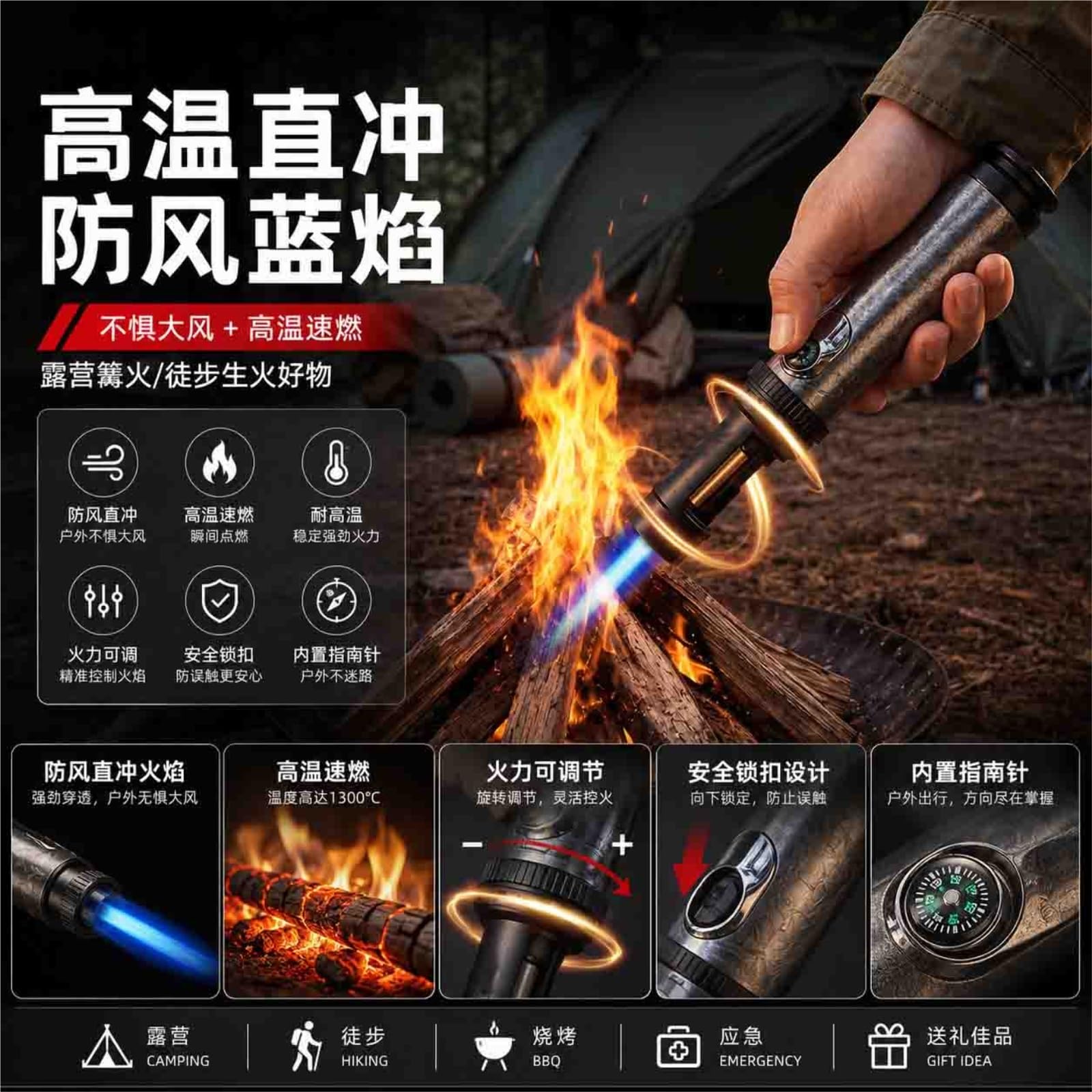 Briquet tempête au butane pour camping en plein air, barbecue, fabrication de desserts, bougies et survie – Outil polyvalent et fiable