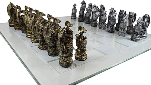 Miniatura 4 de Ebros - Juego de ajedrez de resina con diseño de dragón de color plateado y dorado, juego de ajedrez de resina con vidrio esmerilado, juego de mesa