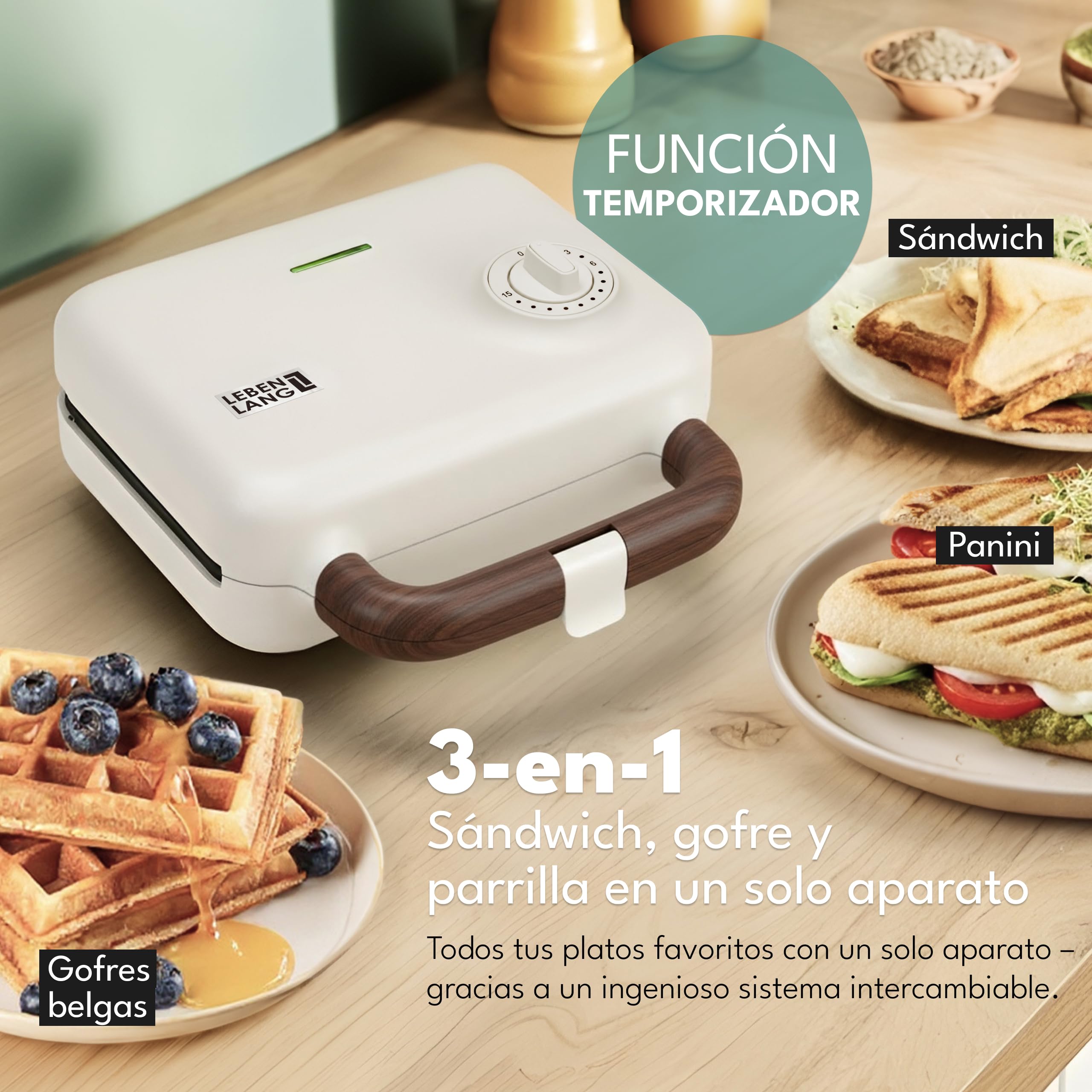 LEBENLANG Sandwichera 3 en 1-750W Incl. 3 insertos para Parrilla, Sándwich & Gofres I Sandwich toaster Sandwicheras Sanduicheira 3 em 1 Plancha Sanwichera 2 Sandwich Tostadeira Sanducheras Sandwich