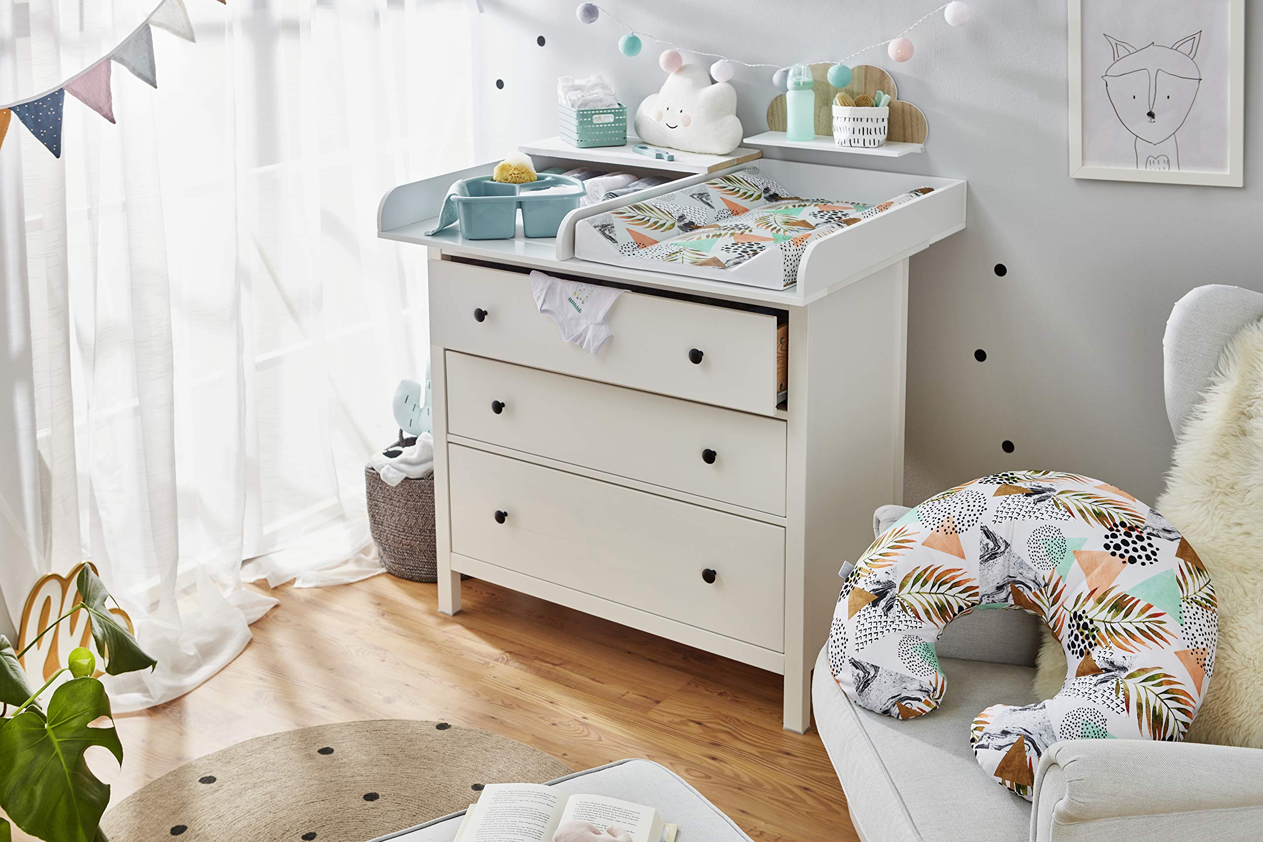Rotho Babydesign Set di mini cuscino per allattamento, 180 x 33 cm, Incl. cuscino con sponde per fasciatoio, 70 x 50 cm, Da 0 mesi, Modern Paradise