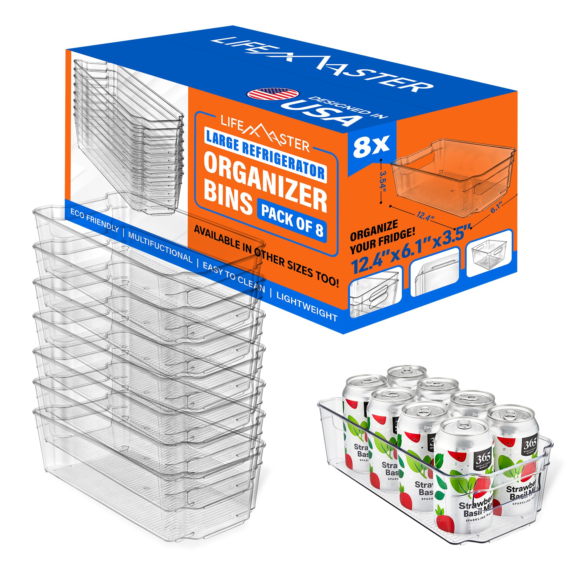 Lifemaster8-Piece Stackable Refrigerator Bin Organizer Set with Easy Grip Handles - Clear Multi-Purpose Storage Bins for Fridge and Pantry Use