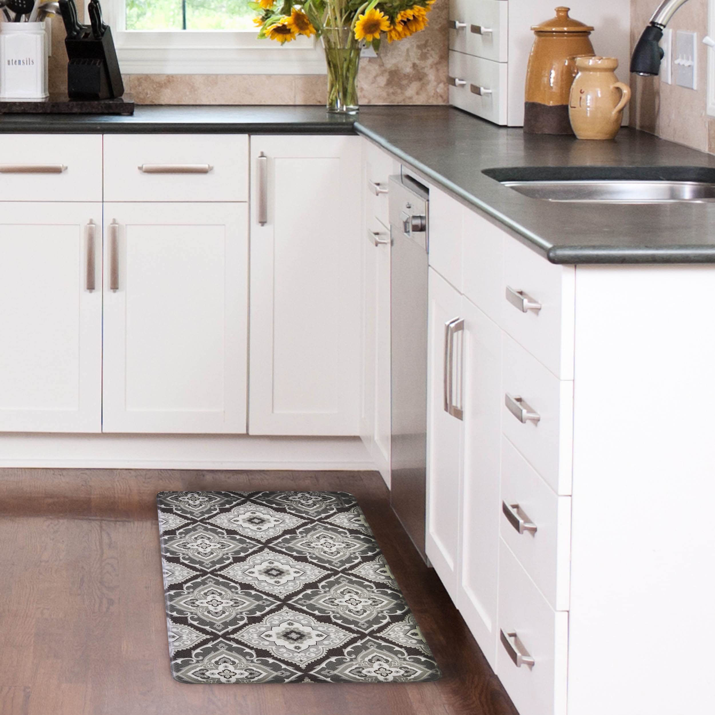 Laura Ashley – Anti-Fatigue Kitchen Mat, Allie Medallion Design, Stain, Water & Fade Resistant, Cooking & Standing Relief, Non-Slip Backing, Measures 17.5” x 32", Grey Allie
