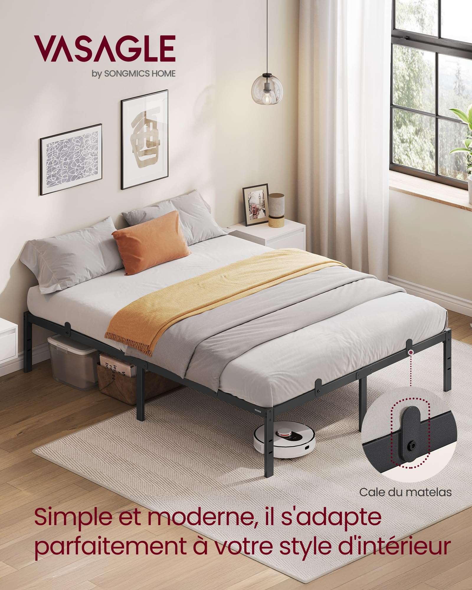 VASAGLE Lit 140 x 190 avec sommier, Cadre de lit Double en métal, 9 Pieds Robustes supporte 450 kg, Espace de Rangement, Montage Facile, Noir d'encre RMB133B01