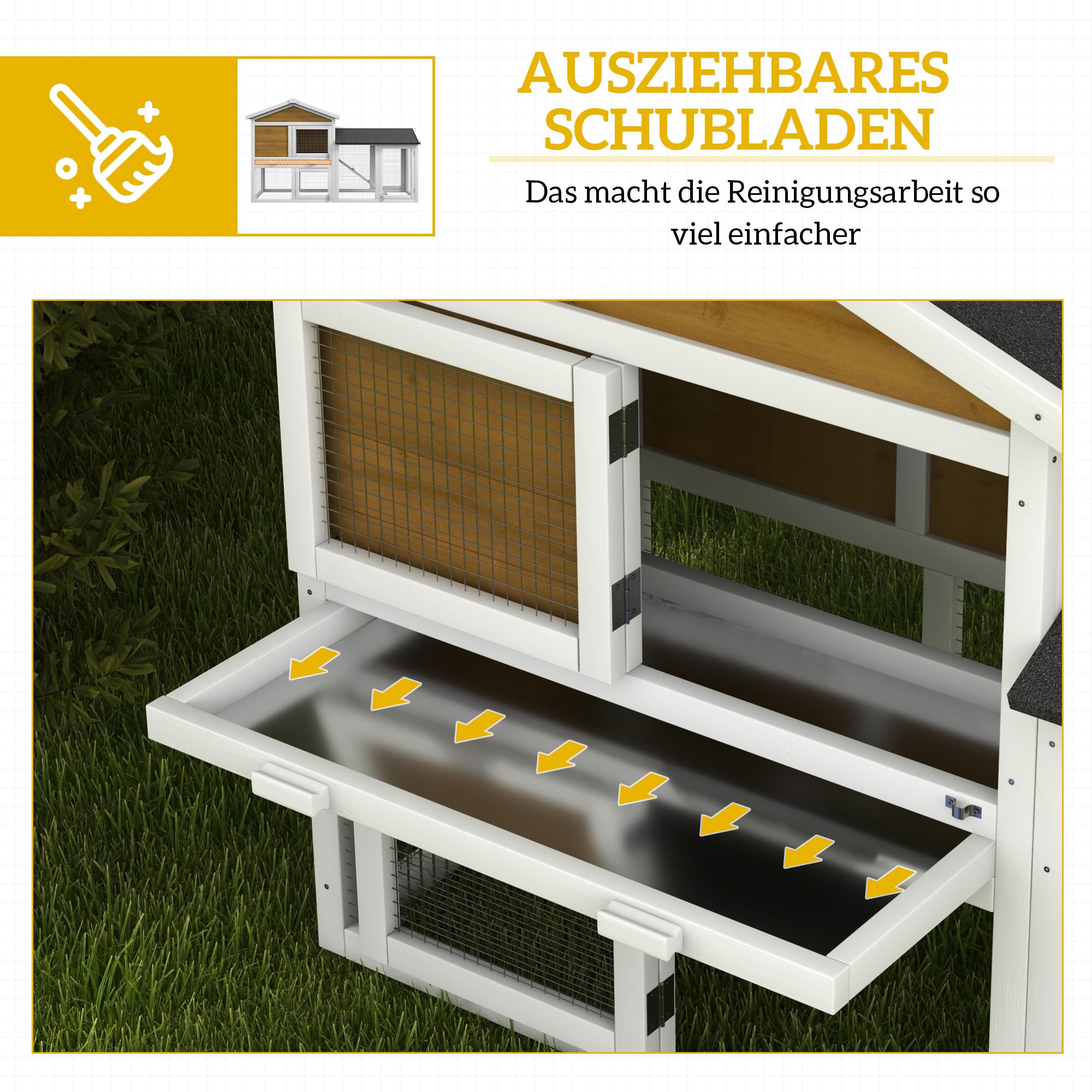 PawHut Conejera de 2 pisos, resistente al invierno, de madera, 147 x 54 x 84 cm, jaula para conejos con techo de betún impermeable, rampa para 2 conejos enanos, para exteriores, color amarillo