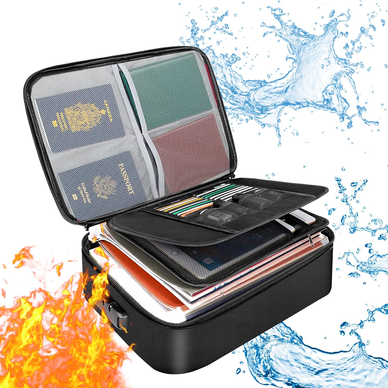 UpusaFireproof Document Box,Fireproof Document Bag with Lock,3-Layer Important Document Organizer,Fire Proof/Waterproof Safe Bag for Money,Paperwork and Laptop,Travel Home Document Organizer