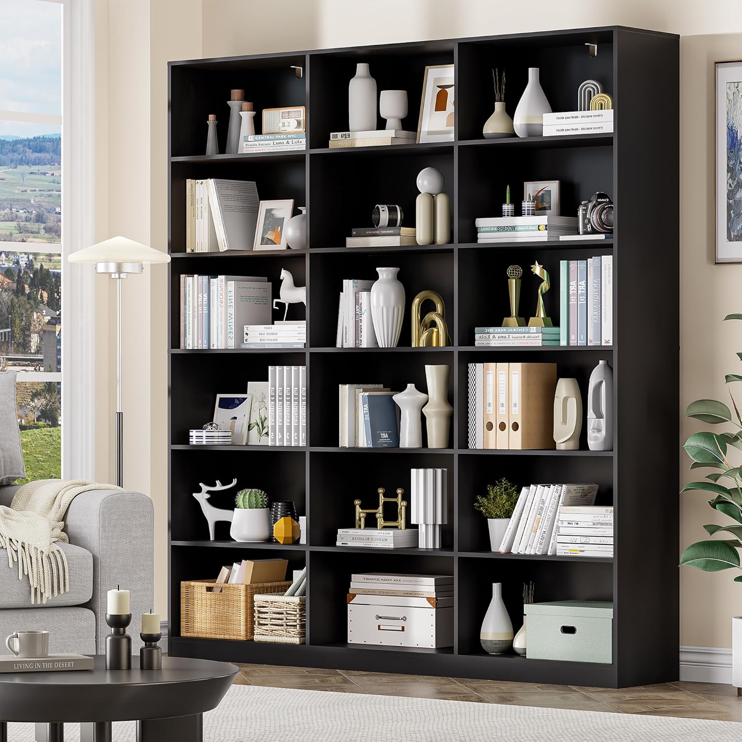 71.6” Tall Bookshelf, Black Bookcase with 18 Shelves, Triple Row Freestanding Display Storage Shelvesm, 6 Tier Wide Book Case for Bedroom Living Room Home Office