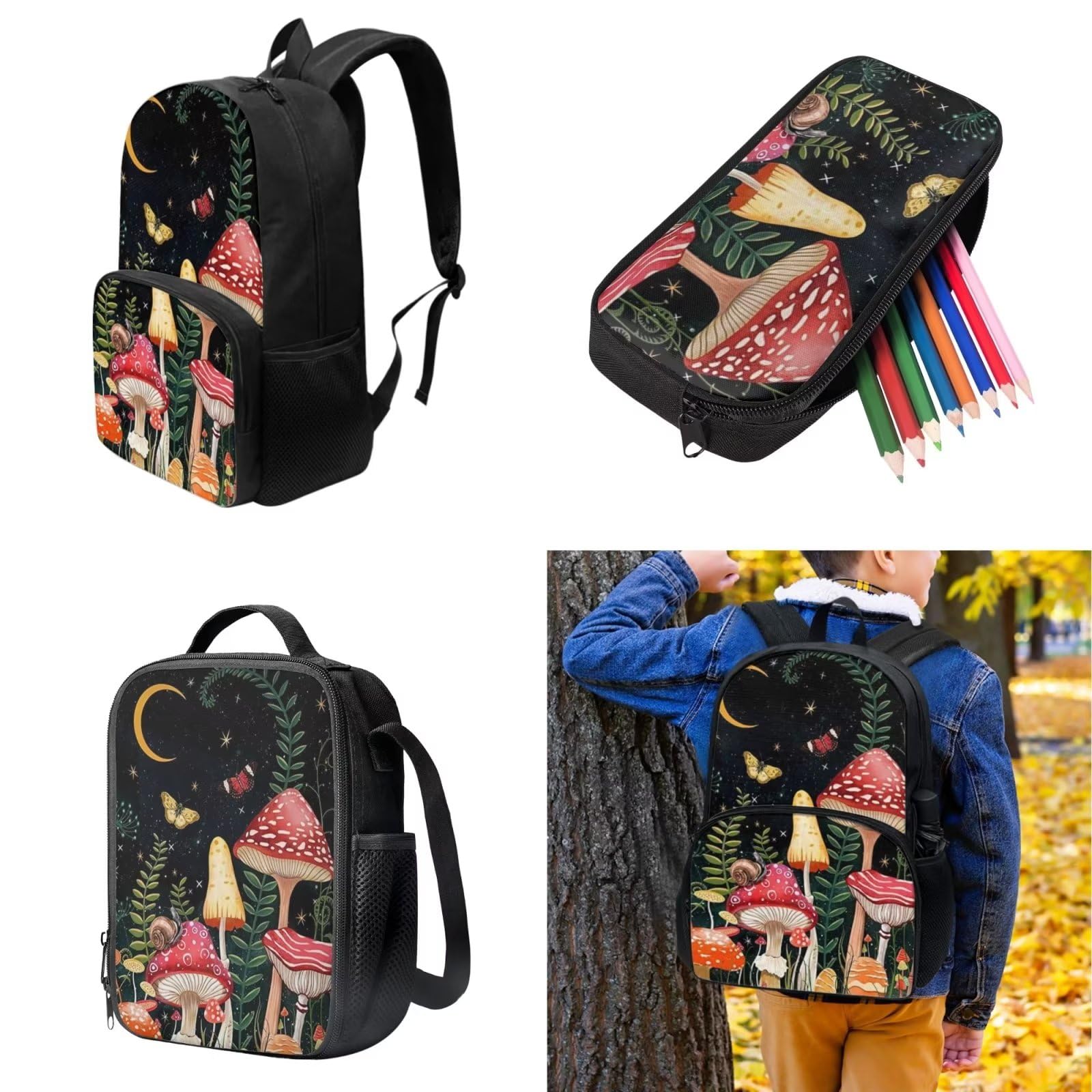 POLERO Juego de 3 bolsas escolares con impresión 3D para el almuerzo, estuche para lápices, Seta mariposa, Talla única, Mochila infantil