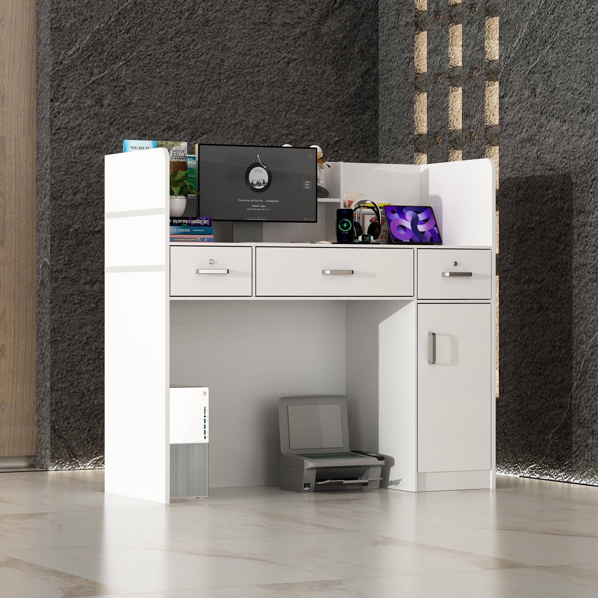 PREMTURE Reception Desk with Lockable Drawers, Reception Counter, Shop Counter Sales Desk, Office Furniture Reception Furniture with 3-Drawers and 1-Cupboard, 120W x 48D x 110H cm (White)