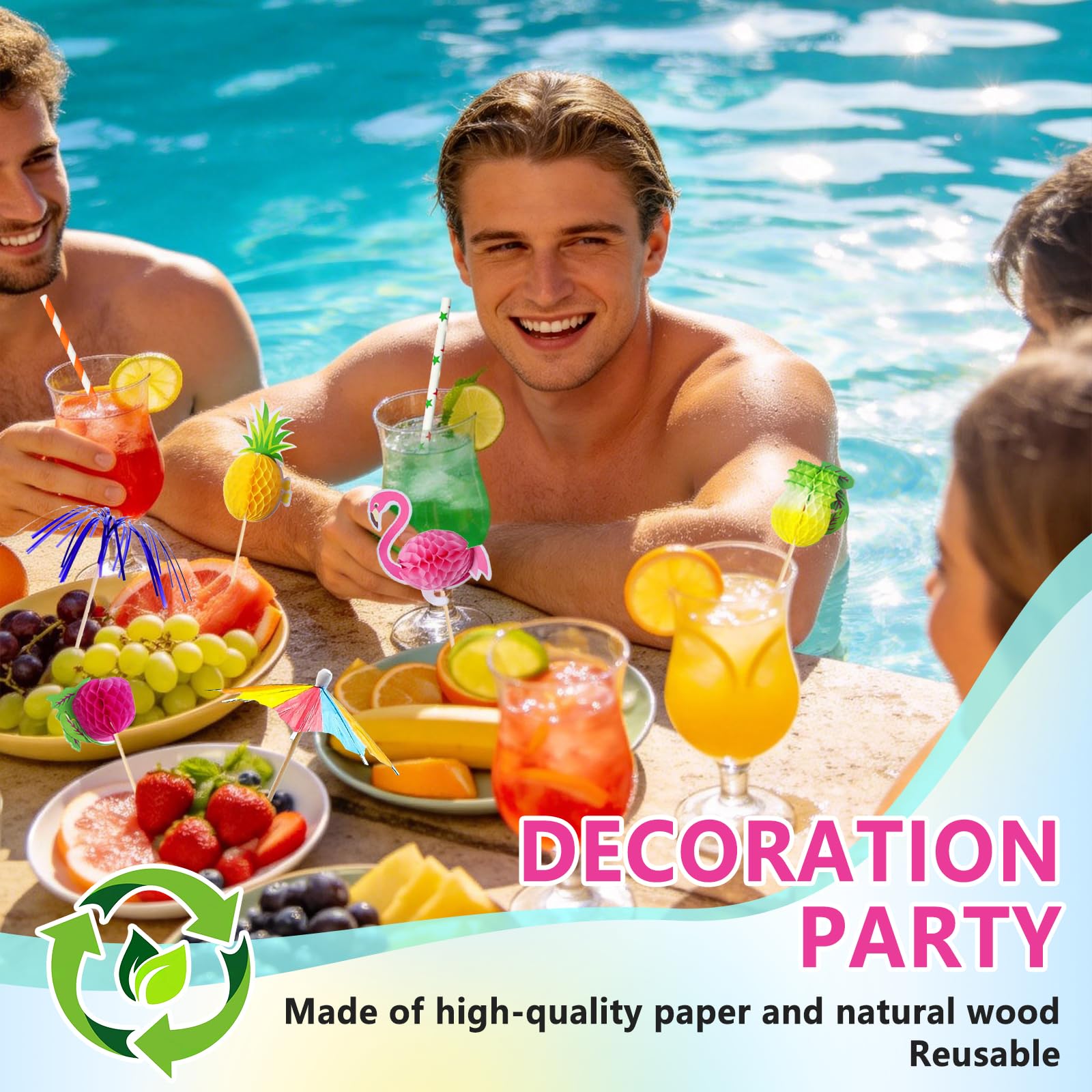 130 Piezas Decoración de Cócteles, Paraguas de Cóctel, Pajitas Decorativas, Palitos de Flamenco, Piña y Fuegos Artificiales, para Fiestas de Verano, Playa, Bodas, Bares