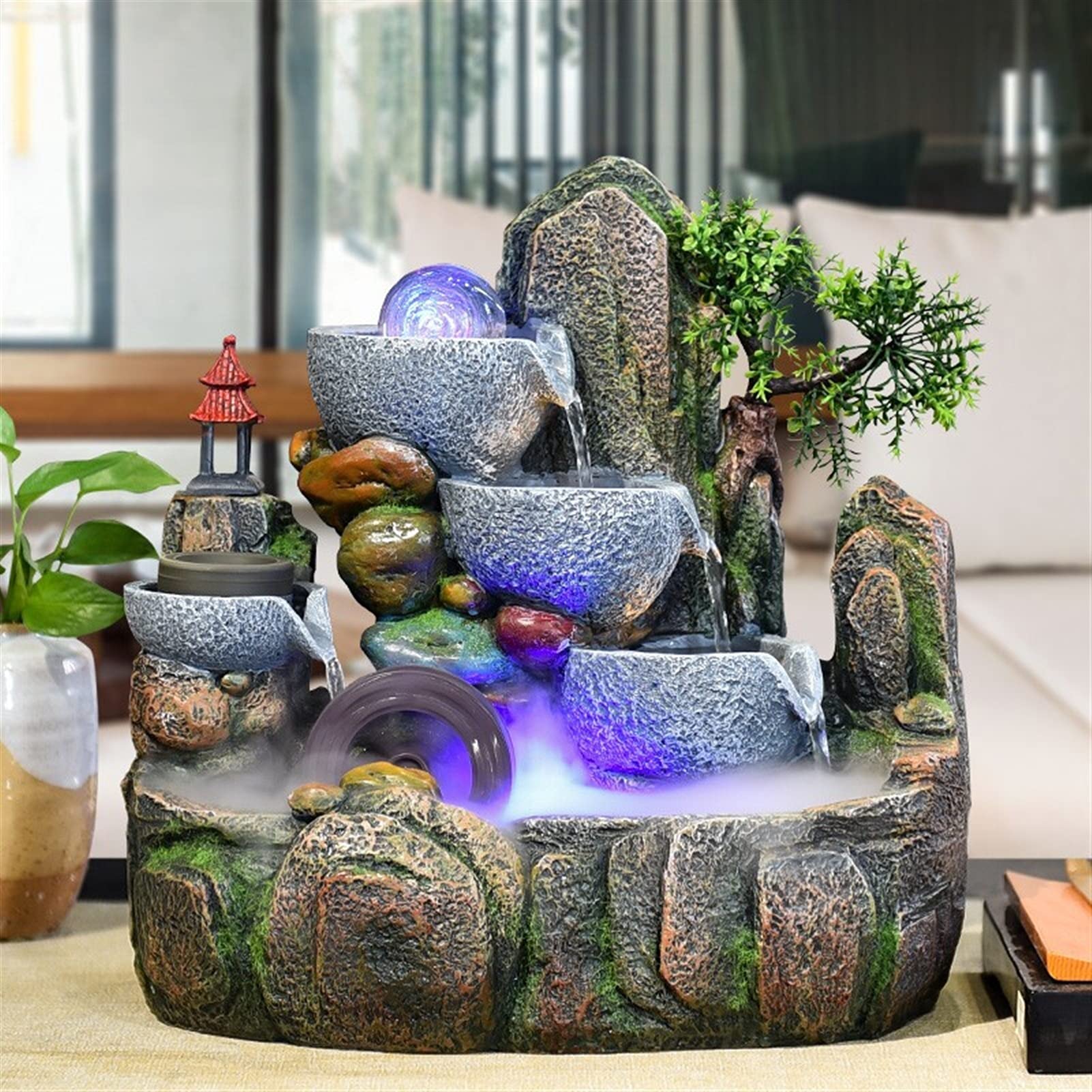 Fuente de Mesa Hermosa roceadora y flujo de agua Fountain Fountain Fengshui Wheel Transfer Ball Sala de estar Decoración de la oficina de escritorio (32 * 20 * 32 cm) Springs Fuente de relajación