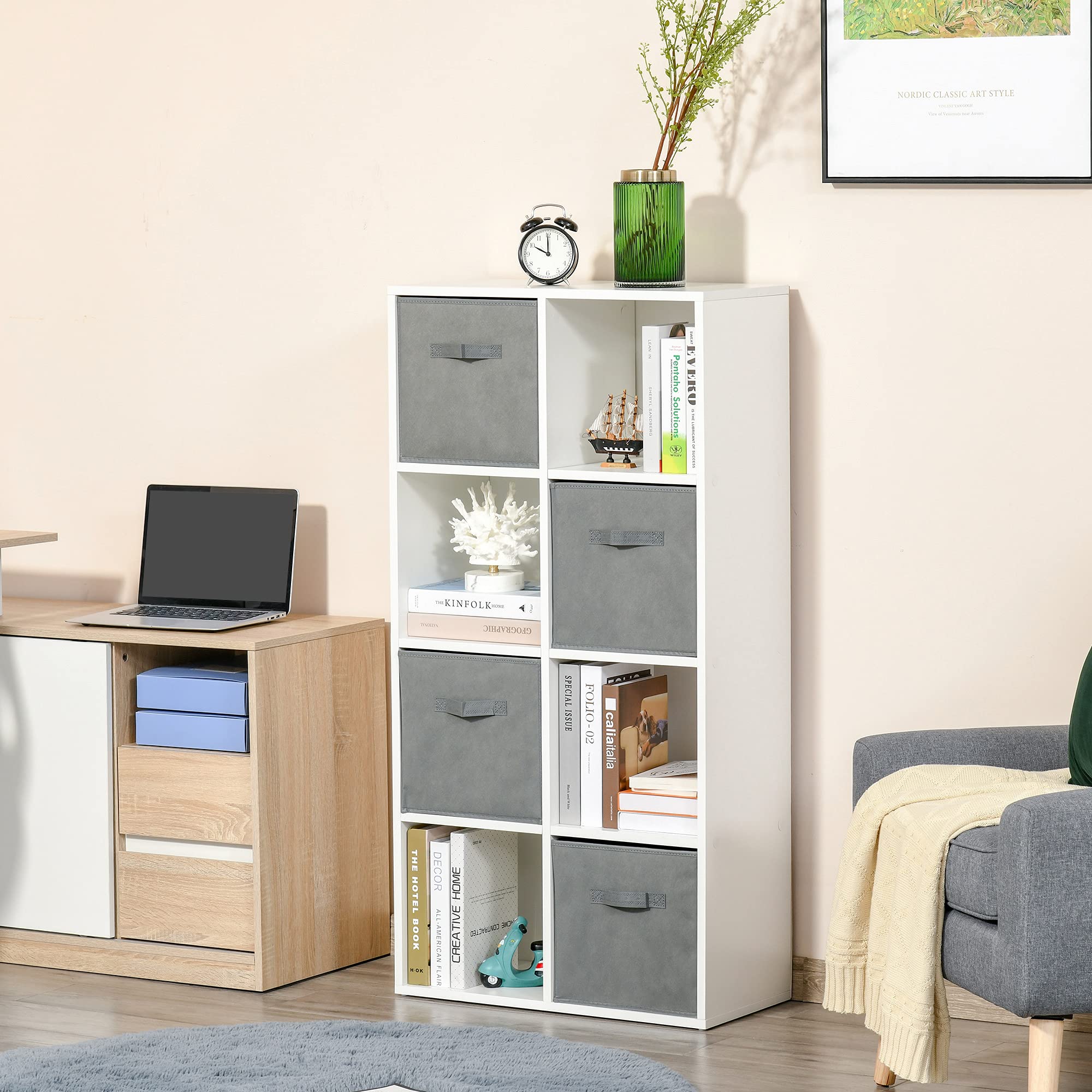 HOMCOM Estantería para Libros 8 Cubos, 61,5x30x121,6 cm Blanco y Gris | Librería Modular, 2 Cajones Extraíbles Tela no Tejida, Oficina Estudio Dormitorio