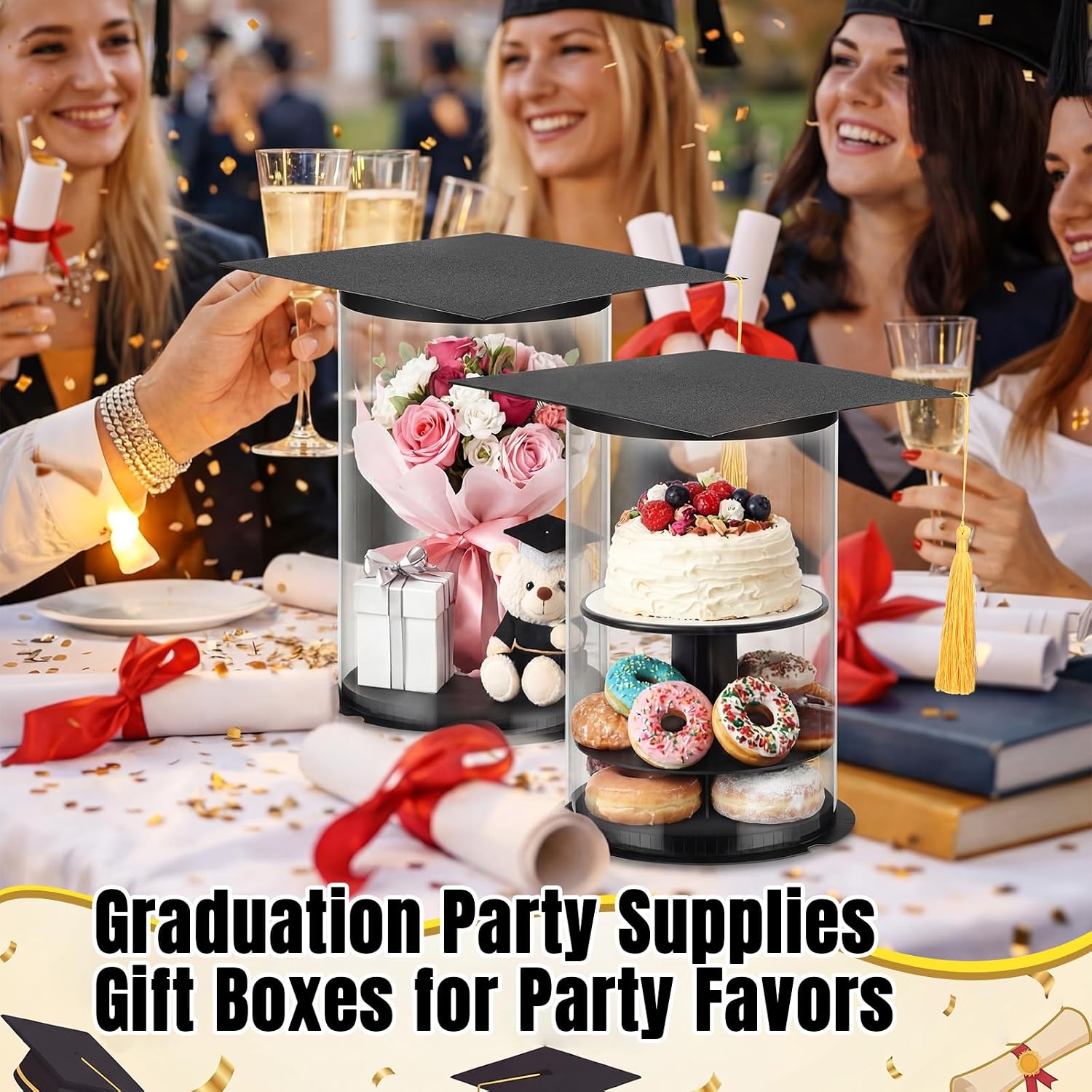 Dunzoom 10 Sets 7 x 10 Inch Graduation Gift Candy Boxes 2026 Grad Cap Flower Boxes with Tassel Clear Empty Cupcake Holder Container for DIY College Ceremony Party Supplies