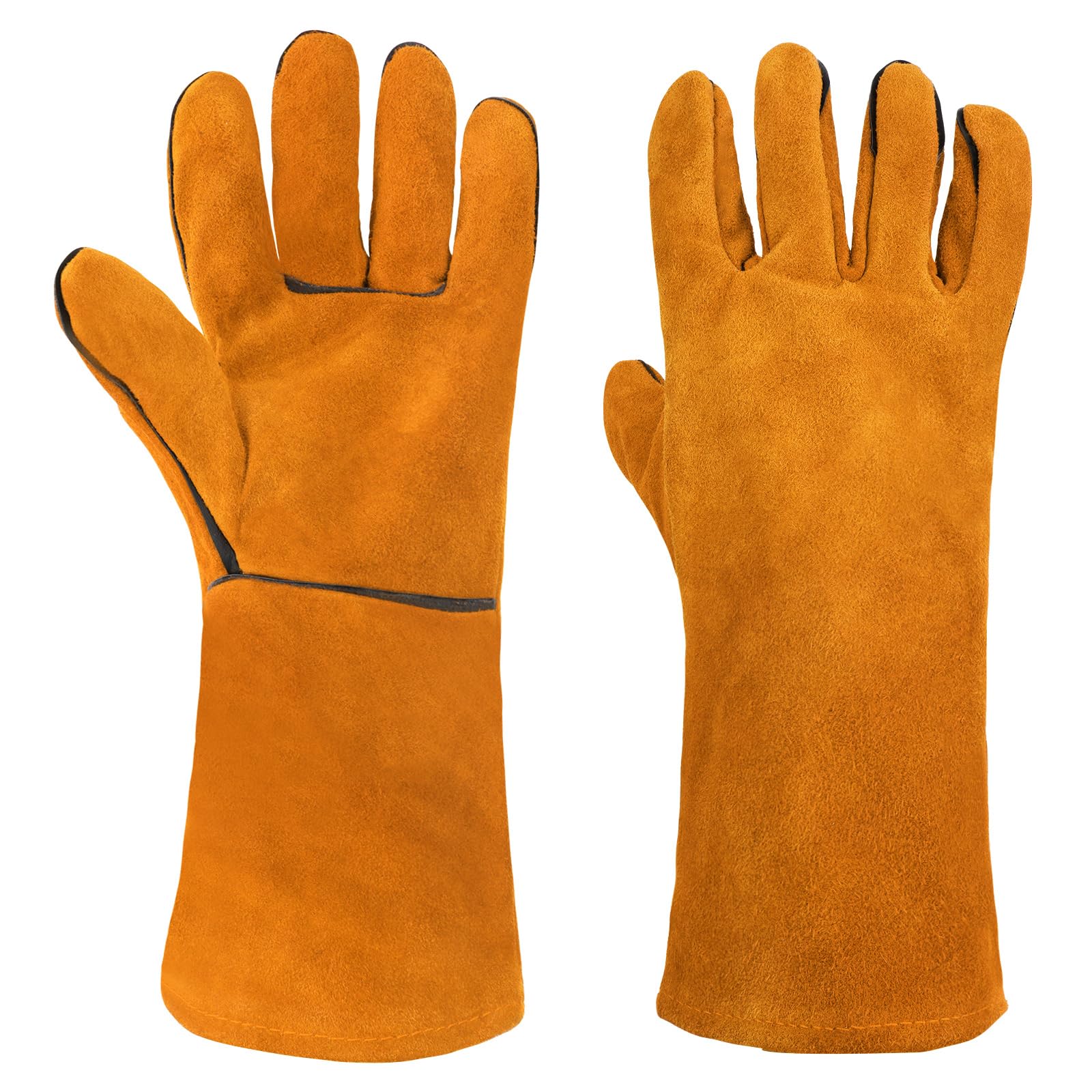 AUAUY Welding Gloves, Heat Resistant Long Leather Gauntlets, Fire Resistant Welders Gloves