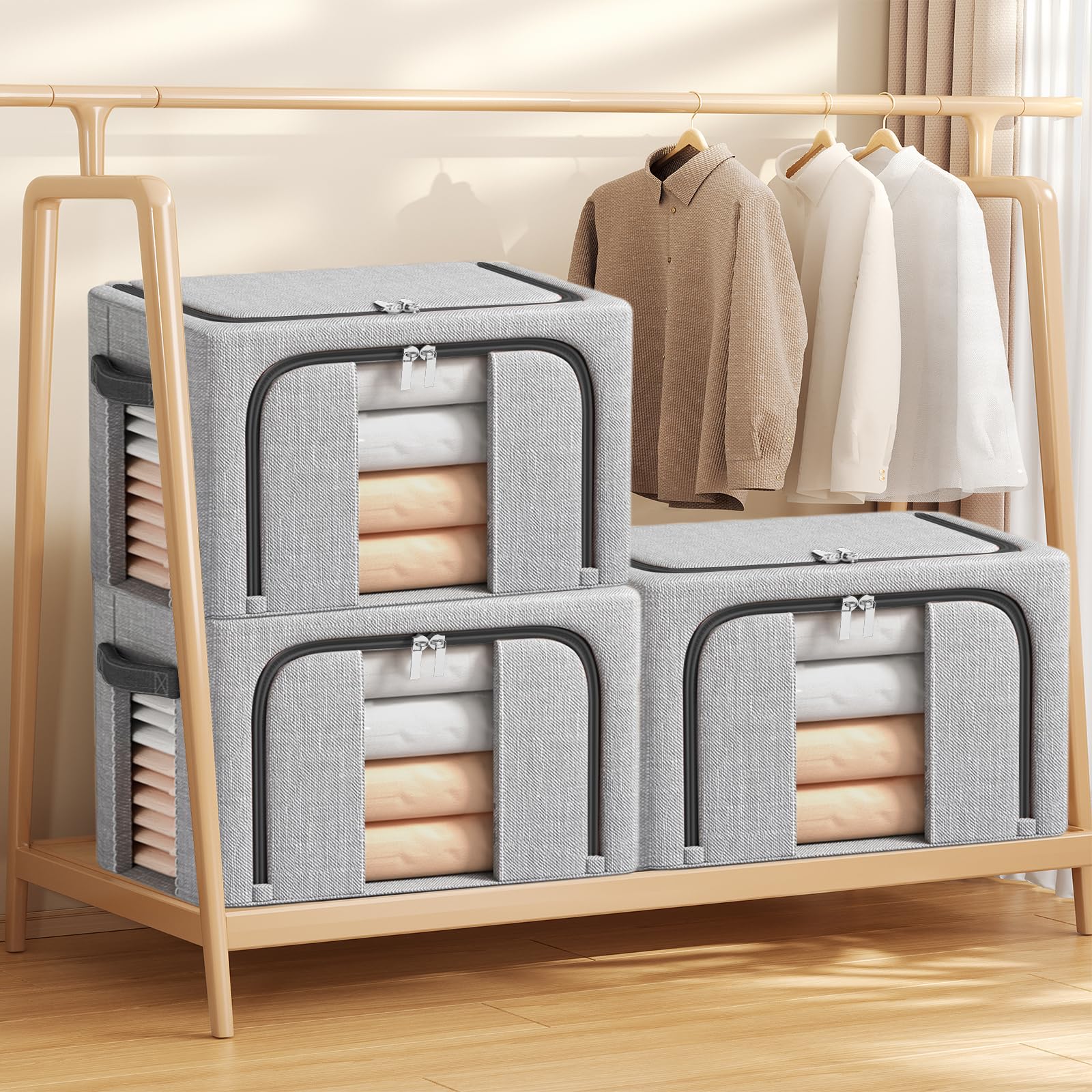3 Pezzi Scatole per Armadio, 24L Organizer Armadio con Struttura in Metallo, Scatole per Armadio Rigide Pieghevoli con Cerniera, Ideali per Rangement Vestiti & Organizzazione - 3x24L