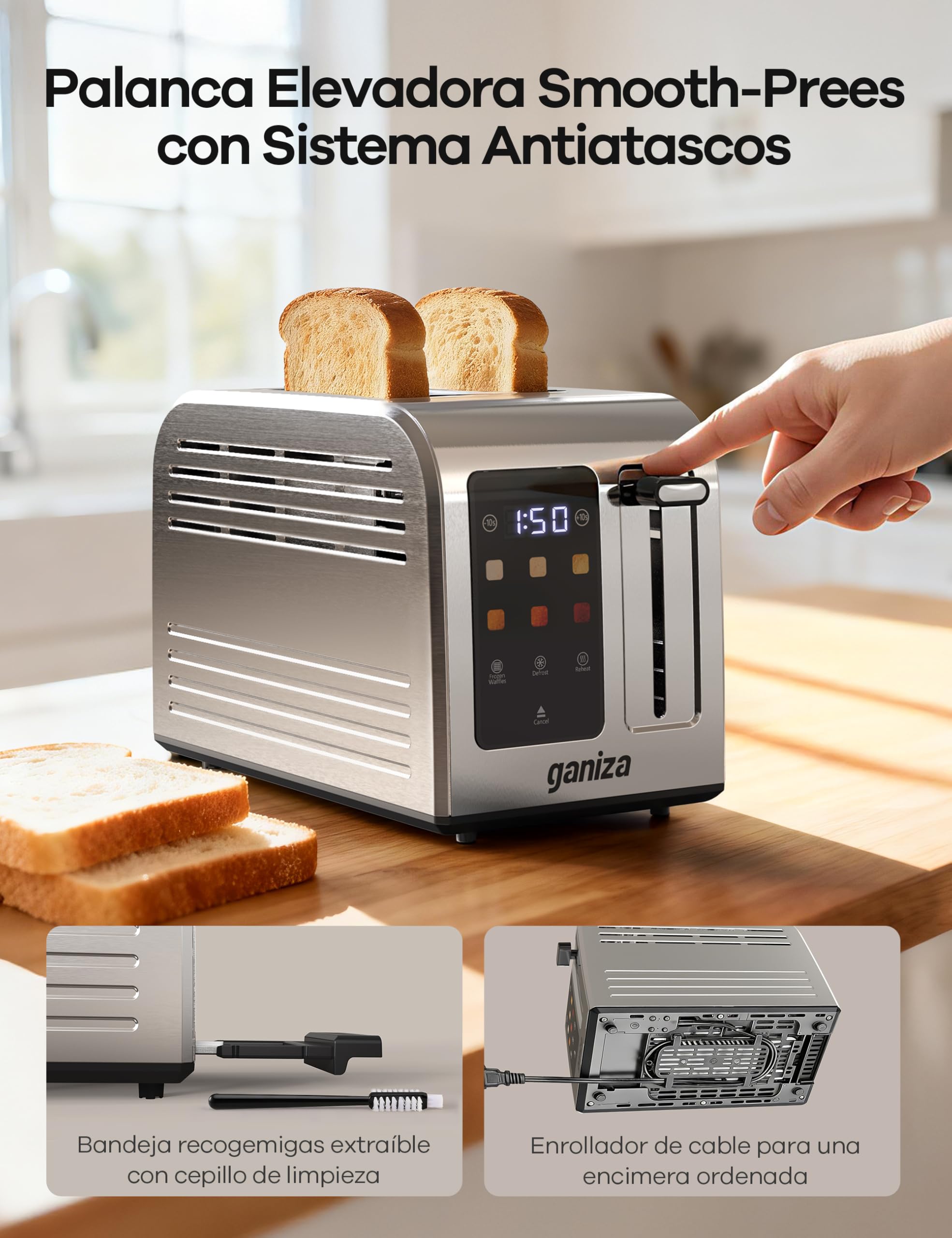 Ganiza Tostadora Inteligente para 2 Rebanadas, Acero Inoxidable con Pantalla Táctil, 6 Niveles de Tostado,Temporizador Digital, Ranura Ancha, +/-10 s, Bandeja Recogemigas, 925 W