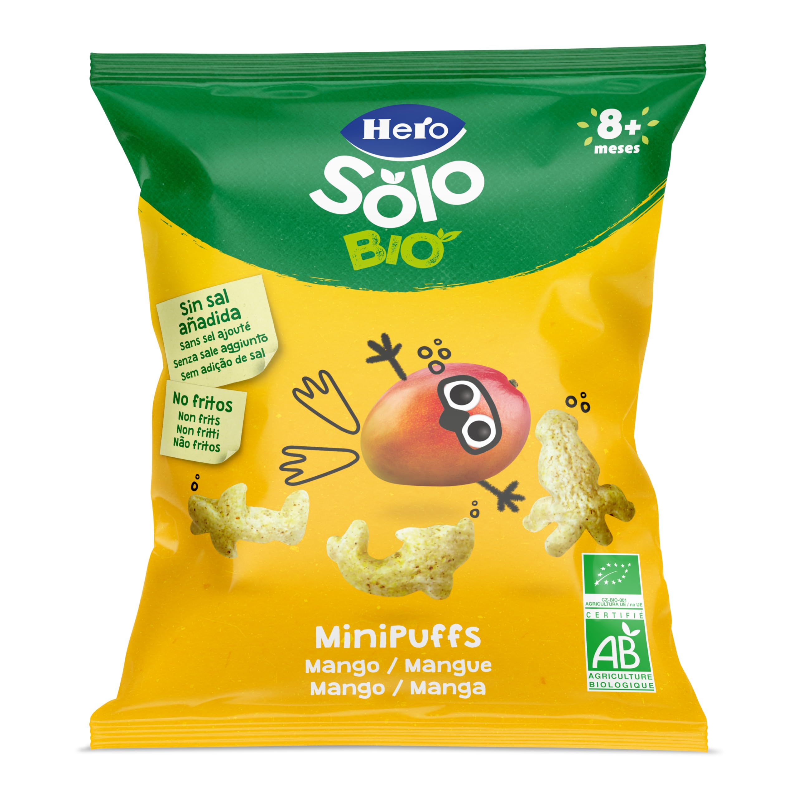 Hero Solo - Minipuff Snack de Mango, 100% ECO, BIO, con Ingredientes de Agricultura Ecológica y UE, No Fritos, Sin Azúcares Añadidos, Apto para Bebés a Partir de 8 Meses - Pack de 5 x 18 g