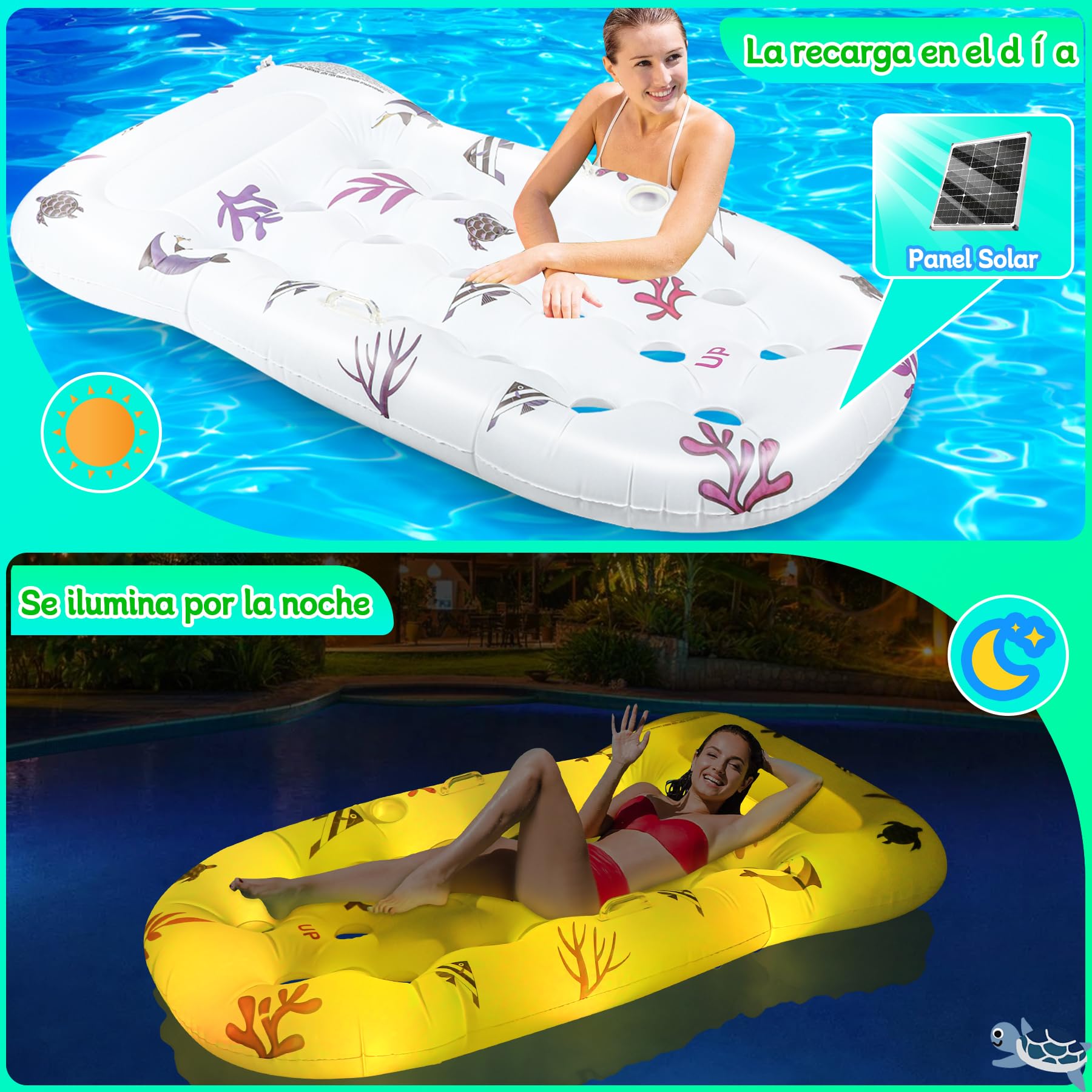 Colchoneta Hinchable Para Piscina Con Luces Solares LED, 180x100 Cm, Portavasos Y Asas, Carga 150 Kg, Para Adultos