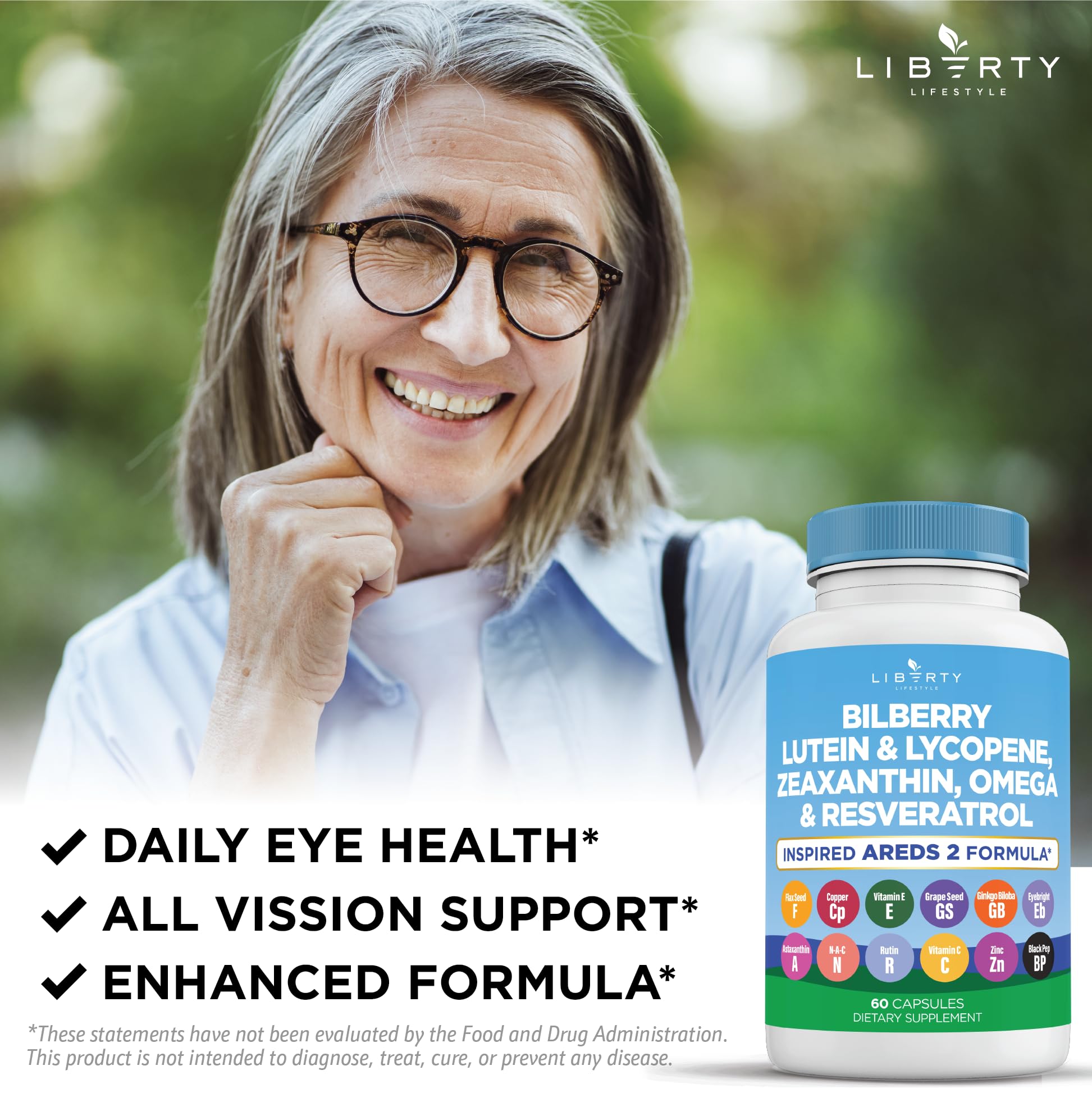 Liberty Lifestyle Eye Health Vitamins with Bilberry, Lutein & Zeaxanthin, Lycopene, Resveratrol, Grape Seed Extract, Flaxseed Astaxanthin- AREDS 2-120 Capsules — Amazon image 5