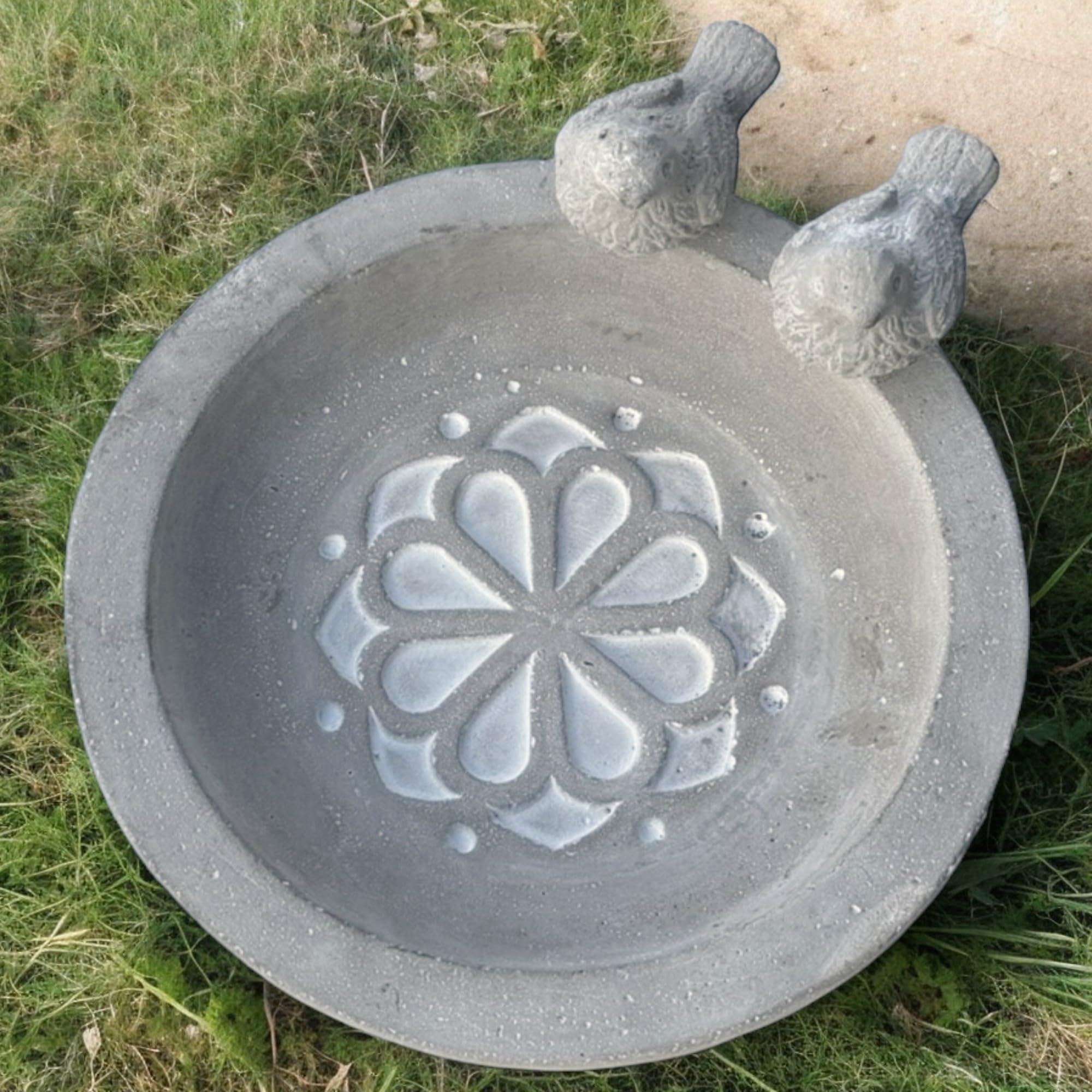 MIJOMA Bain d'oiseaux en ciment, décoration de jardin résistante au gel, pour oiseaux sauvages, bijou de jardin élégant (fleurs et oiseaux)