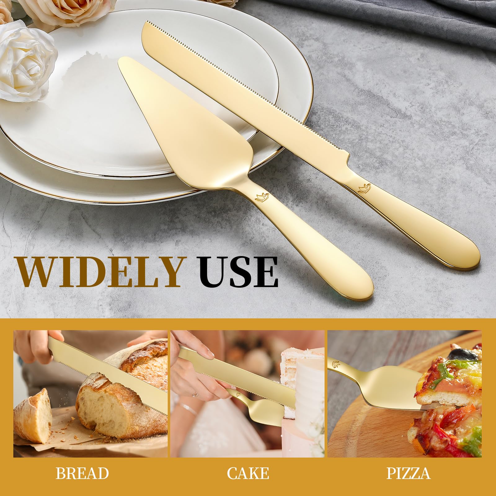 Juego de corte de tartas para boda, cuchillo extendido para tartas y servidor, acero inoxidable grueso, cortador de tartas de 13 pulgadas, espátula para tartas de 10.5 pulgadas, ideal para regalo de