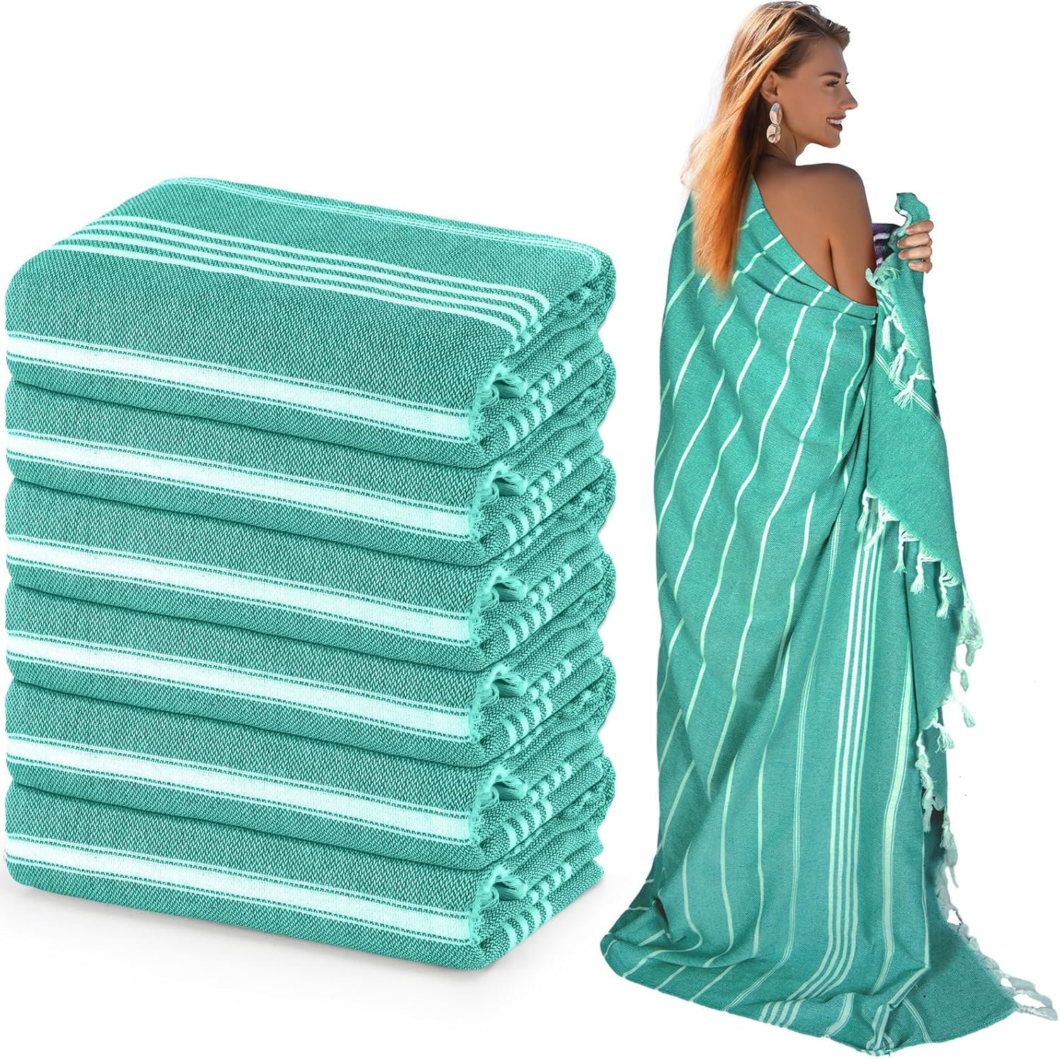 Moukeren 6 Pack Oversized Turkish Beach Towel 61 x 82 Inches Extra Large Cotton Turkish Beach Blanket Lightweight Absorbent Quick Dry Sand Proof Beach Towels for Travel Bathroom(Royal Green)