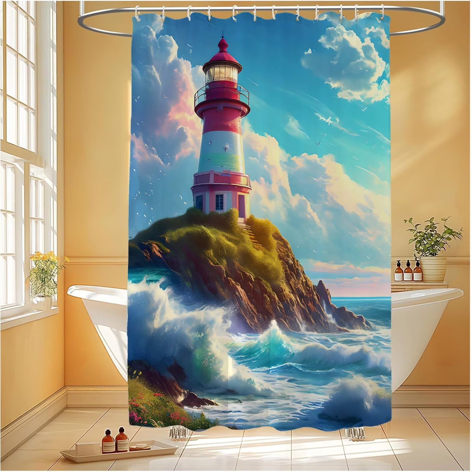 Rideau douche océan bleu en tissu polyester avec 12 crochets