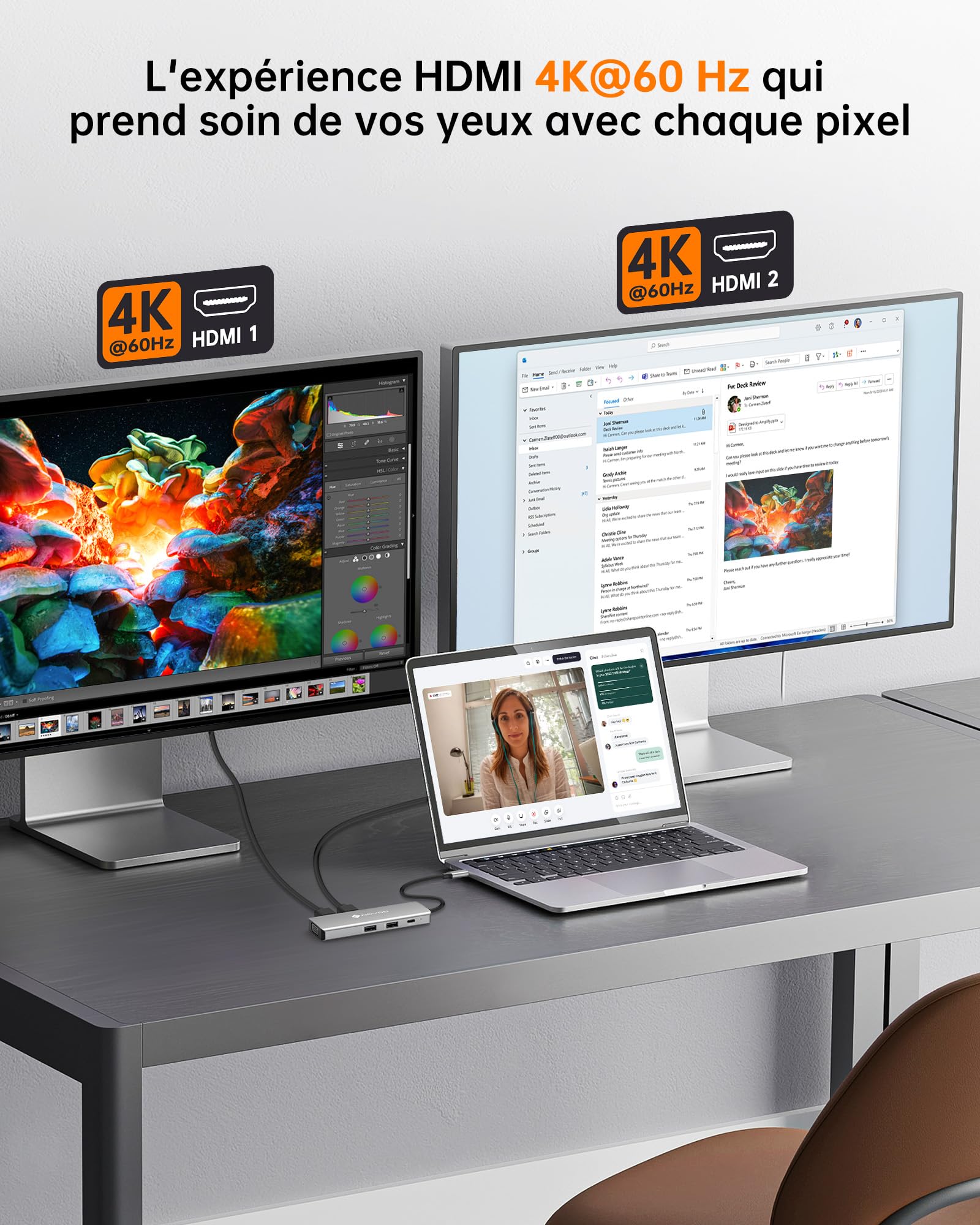 NOVOO Stacja dokująca USB C, 8 w 1 hub USB C do podwójnego HDMI, Displayport 4K@120 Hz, VGA, USB C 3.1, USB A 3.1, PD 100 W, poczwórne stacje dokujące wyświetlacz do MacBook HP Lenovo Dell