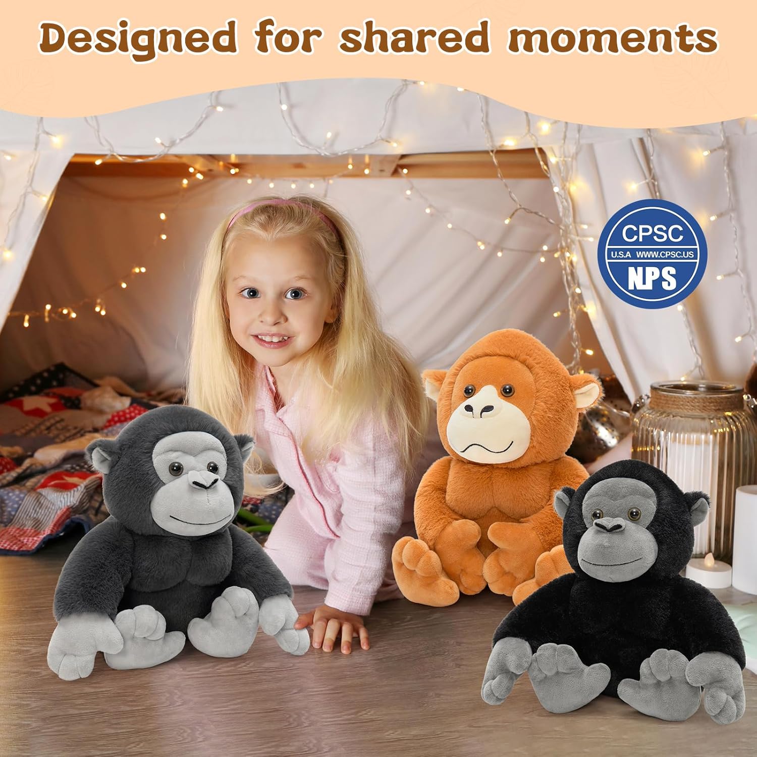 MorisMos Gorilla Stuffed Animal 3-Pack Set | 11.5" Realistic Gorilla, Chimpanzee & Orangutan Plush Toys, Soft Cuddly Ape Stuffed Animals for Kids, Baby Shower, Birthday