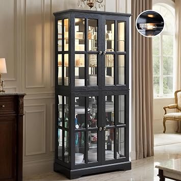 69" Glass Display Cabinet Tall Bookcase with Adjustable Shelves | 4 Grid Glass Cabinet Doors, Light Bulb Included, Solid Wooden Storage Organizer,for Collectibles & Living Room
